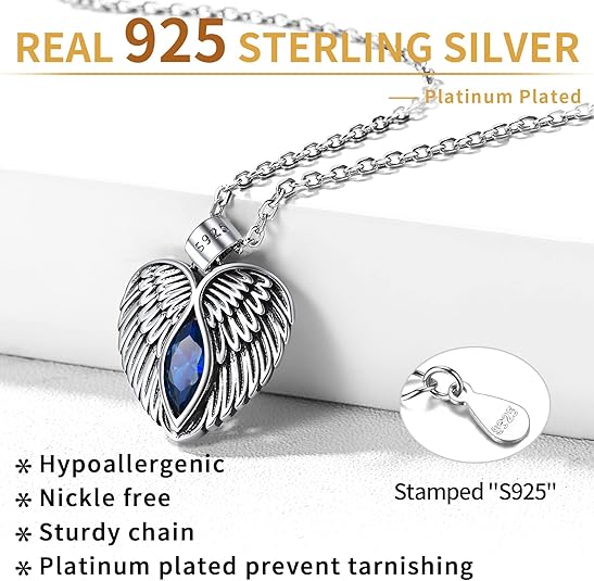 Sterling Silver September Sapphire Birthstone Angel Wings Necklace