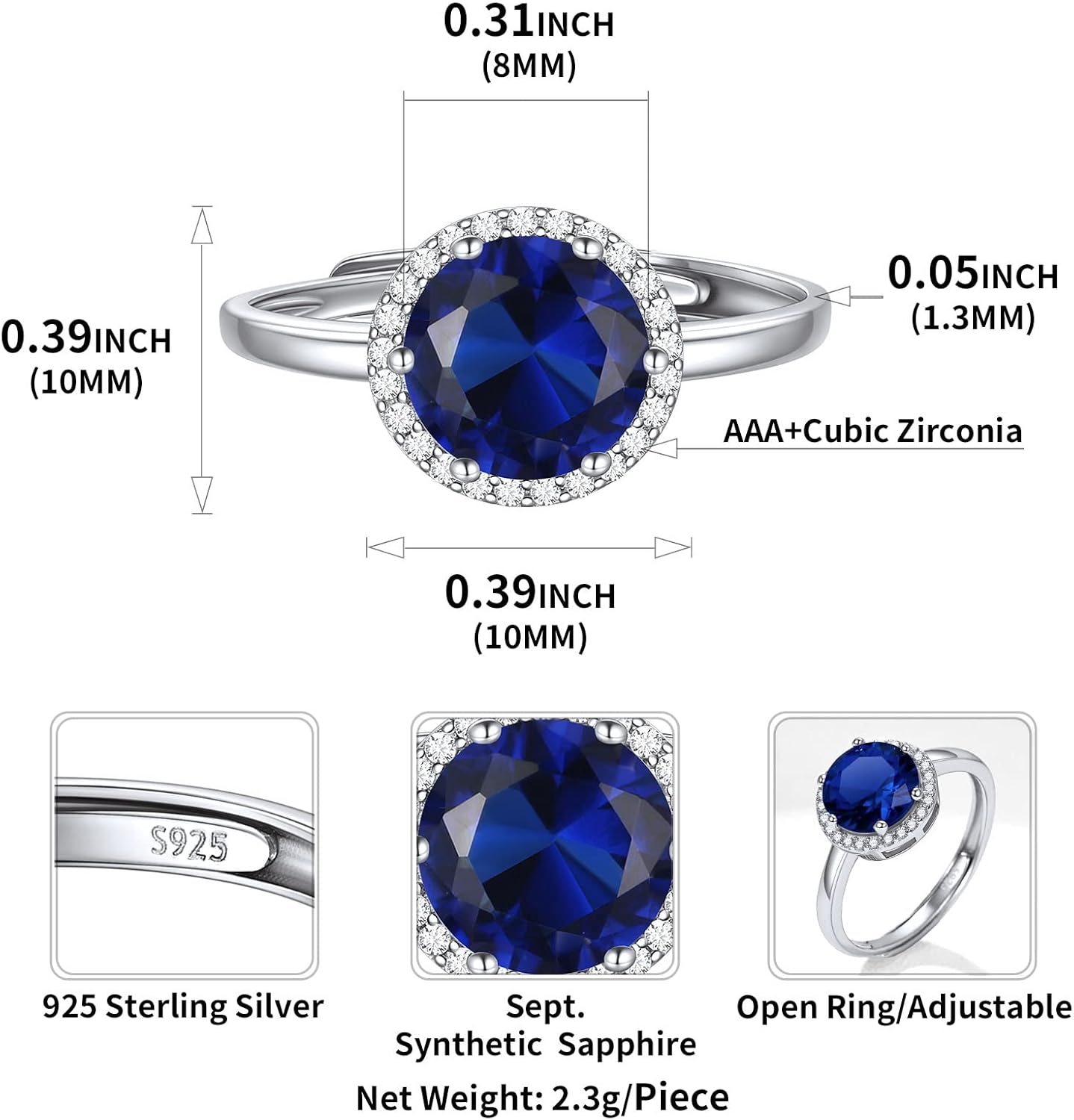 Round Cut Birthstone Promise Ring Details: Dimensions, Hypoallergenic, Adjustable size for 6~11