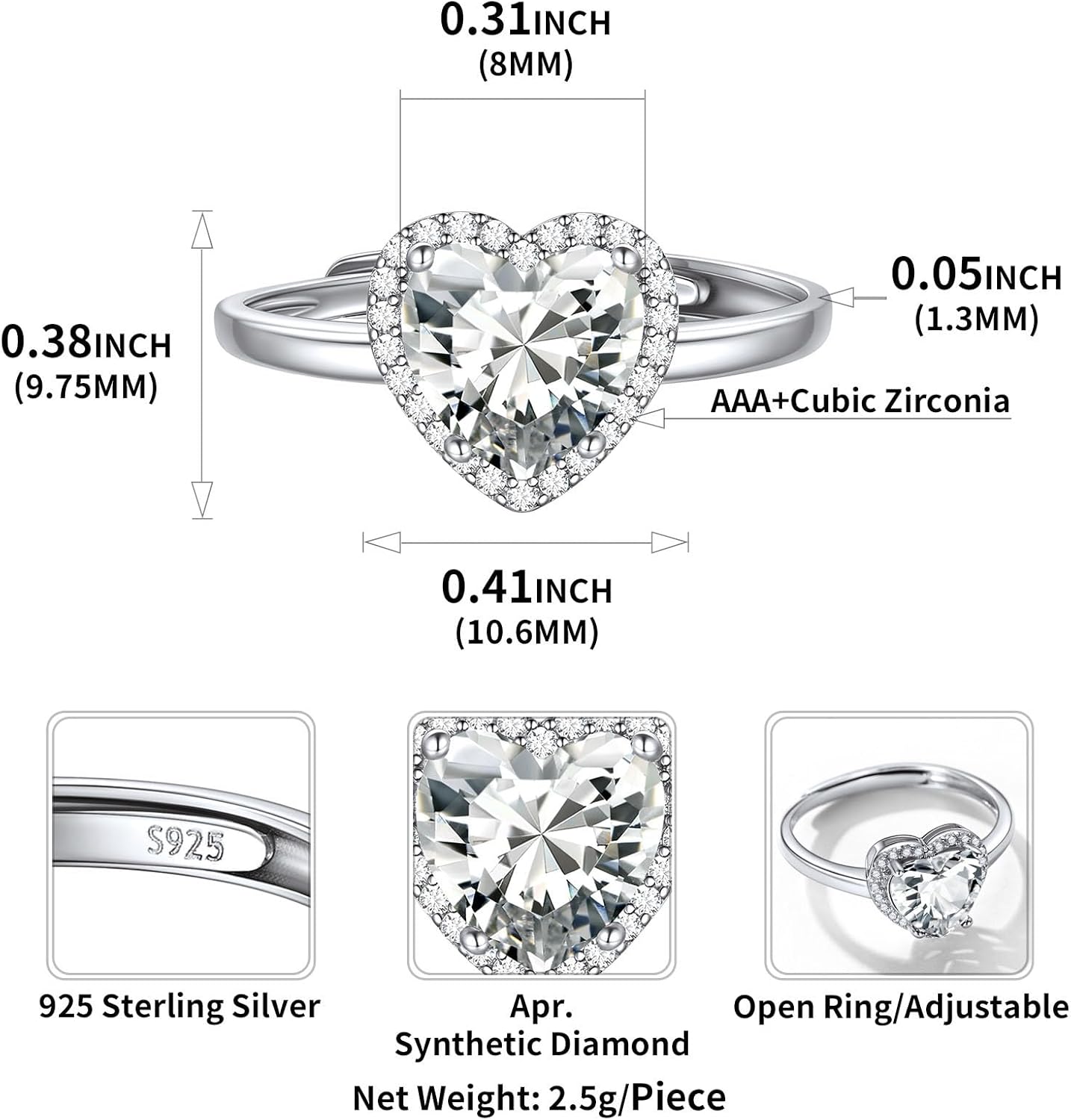 Heart Emerald Cut Birthstone Promise Ring Details: Dimensions, Hypoallergenic, Adjustable size for 6~11