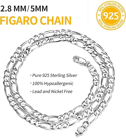 5mm Solid 925 Sterling Silver Figaro Chain for Men