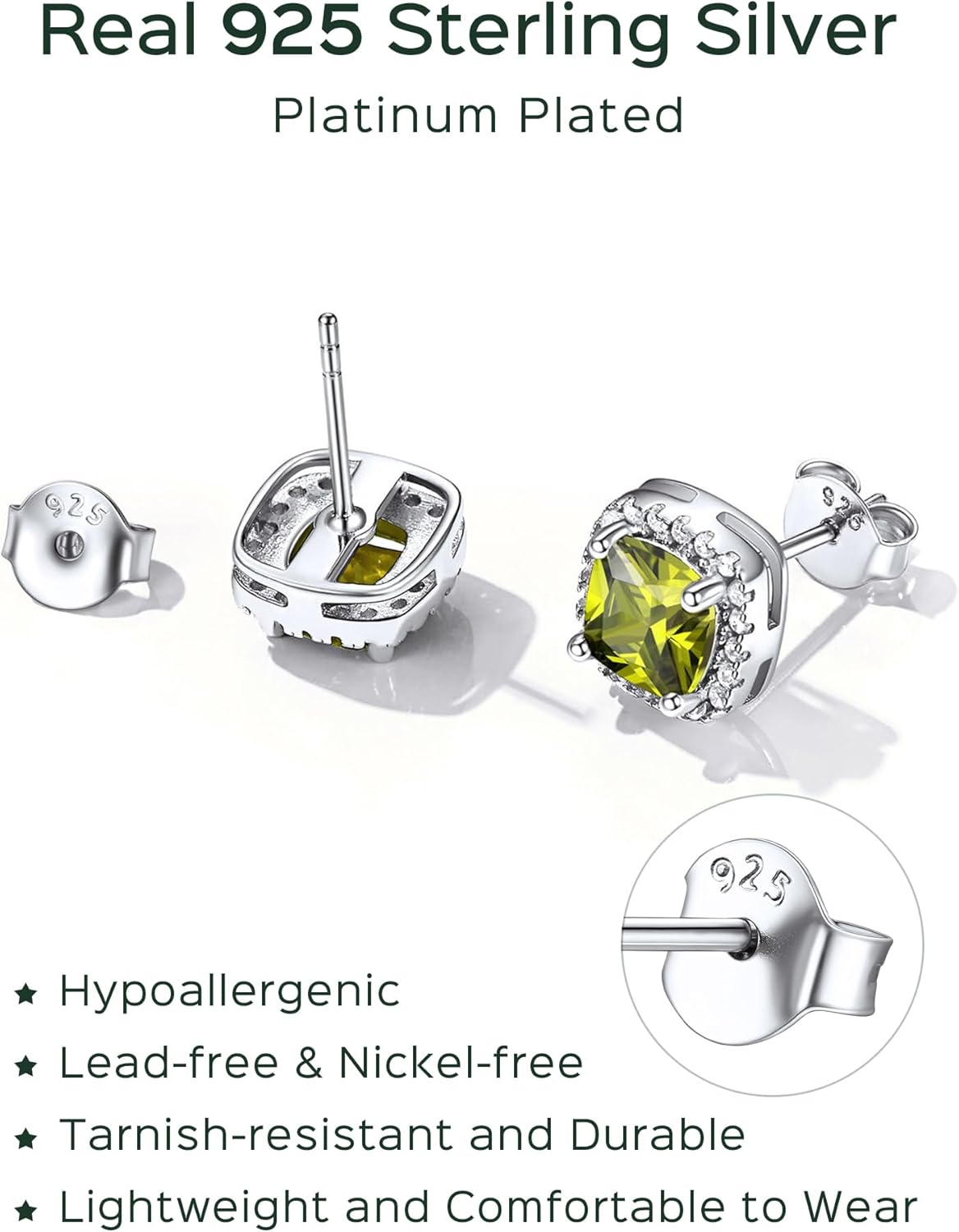 Sterling Silver Square Sparkle Halo Birthstone Gemstone & Cubic Zirconia Stud Earrings 