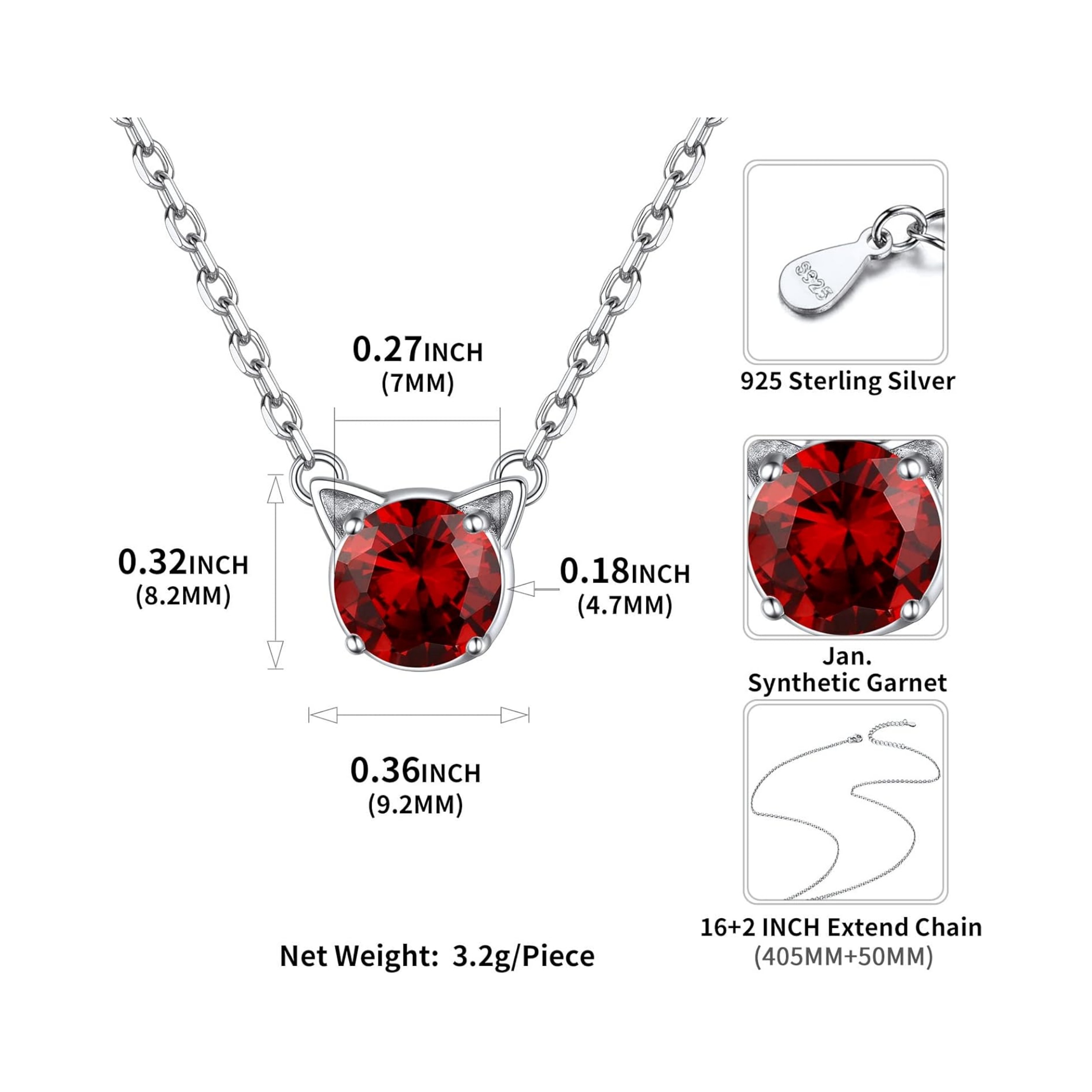 Cute Cat Birthstone Necklaces Details: Dimensions, Hypoallergenic, Lobster-Claw-Clasps