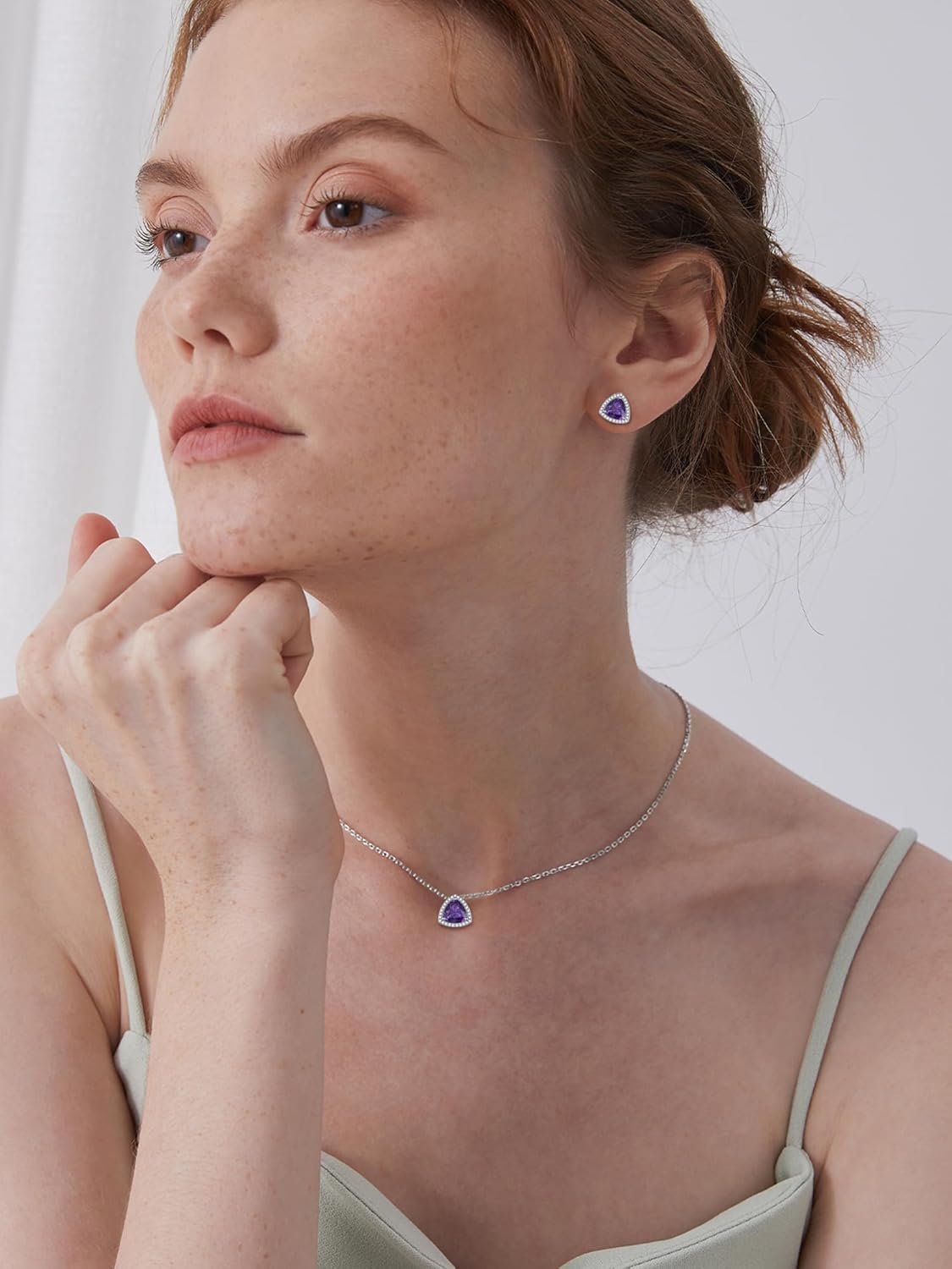 Triangle Shape Birthstone Pendant Halo Necklace for women