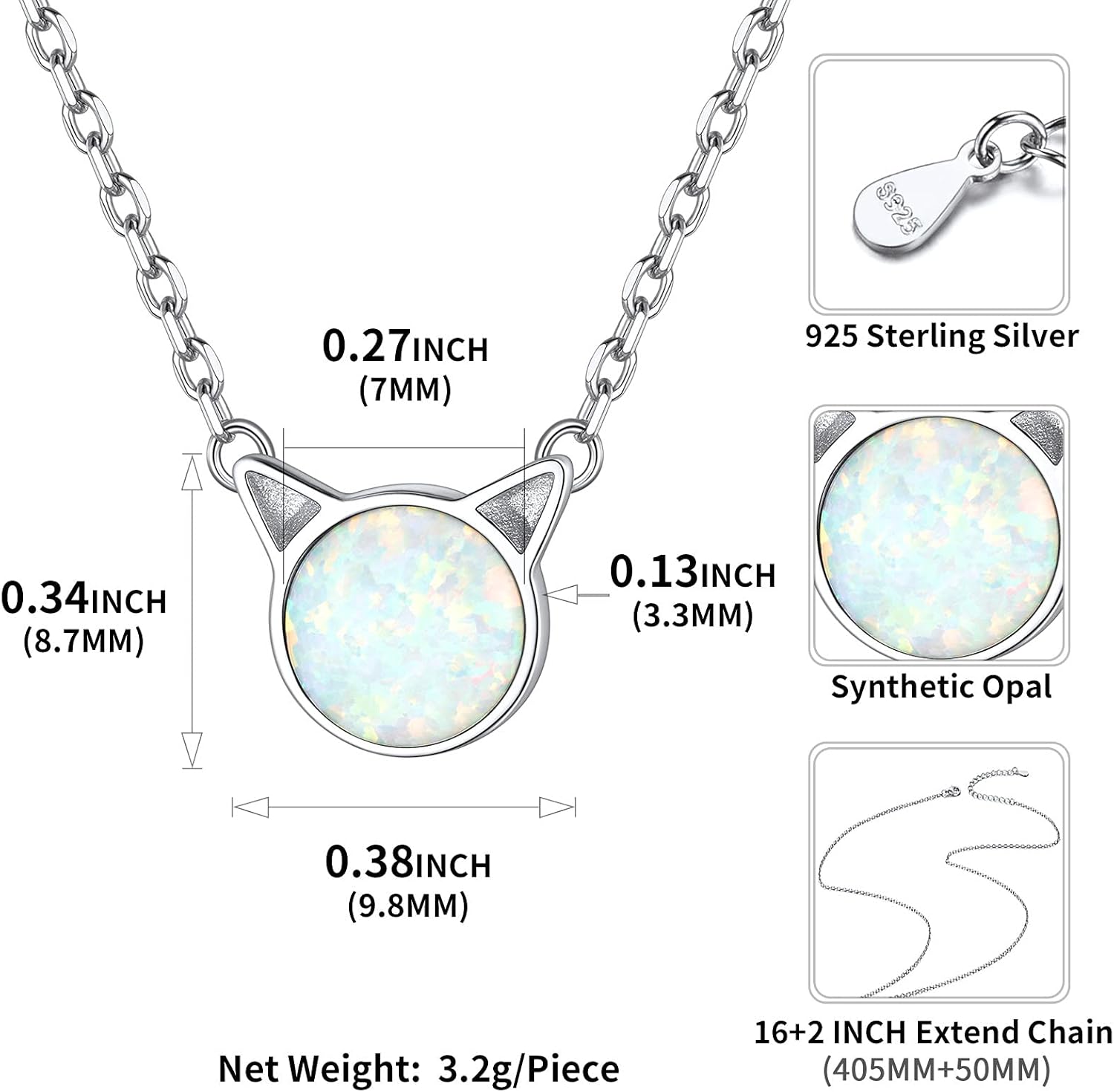 Cute Cat Round Opal Pendant Necklace details: Dimensions, Hypoallergenic, Lobster-Claw-Clasps