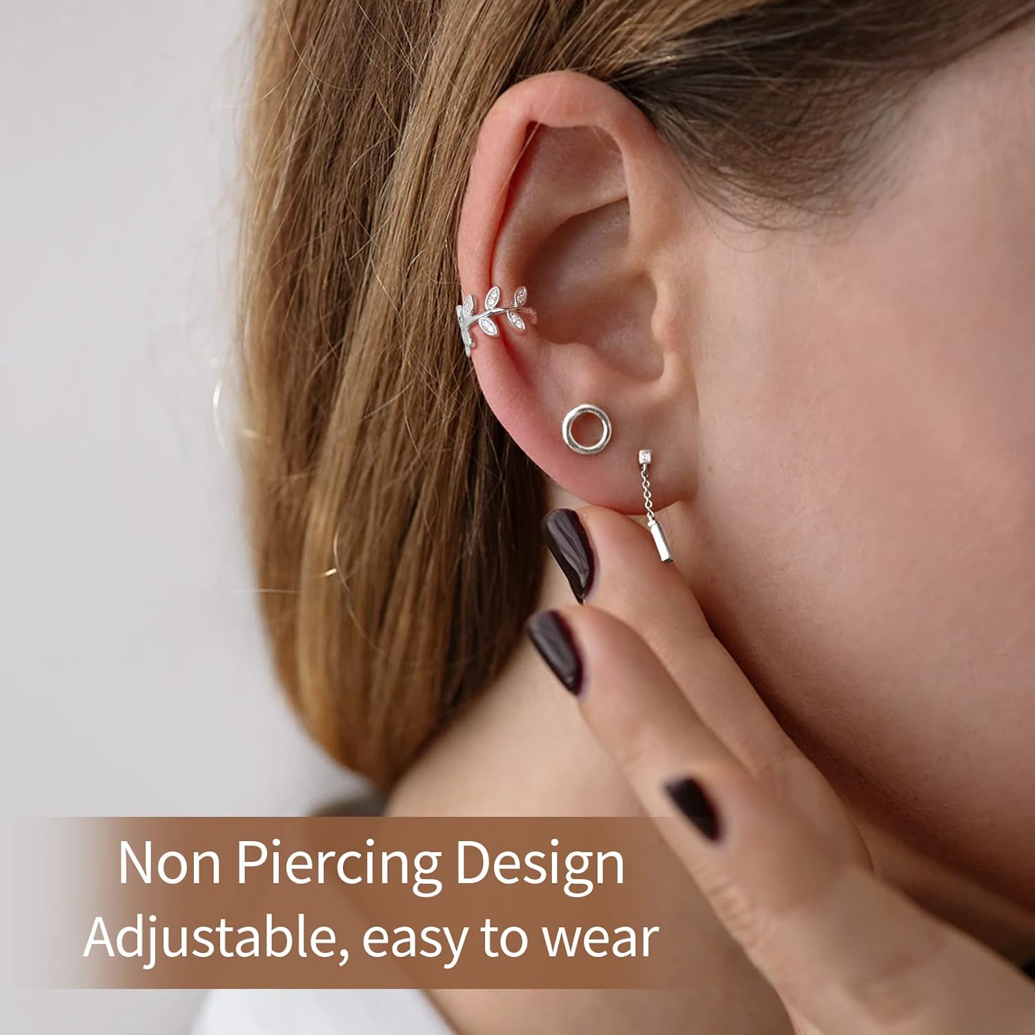 Cubic Zirconia Leaf Non Piercing Clip on Cartilage Cuff Earrings