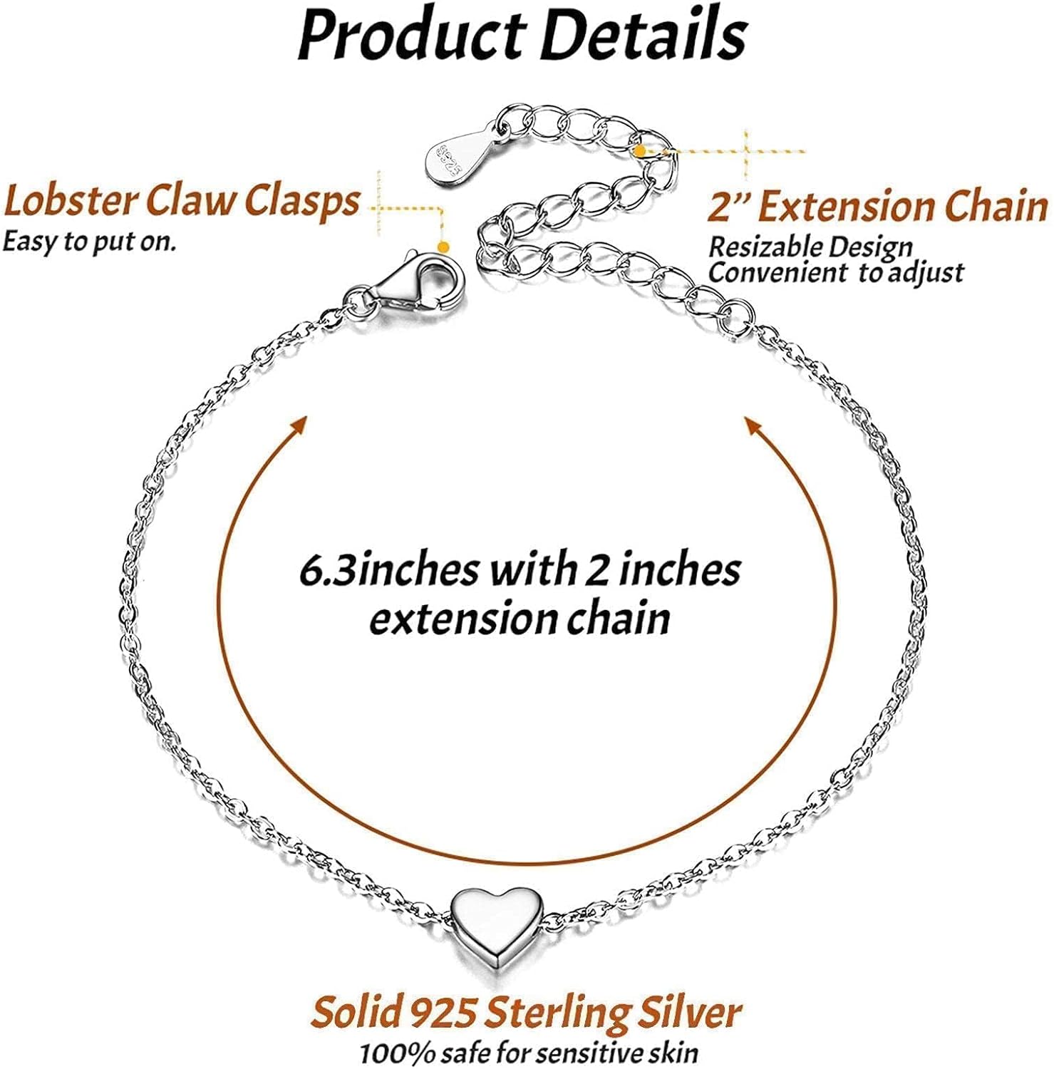 Classic Silver Heart Link Chain Bracelet  for Women, sterling silver jewlery, gift idea, sterling silver bracelets