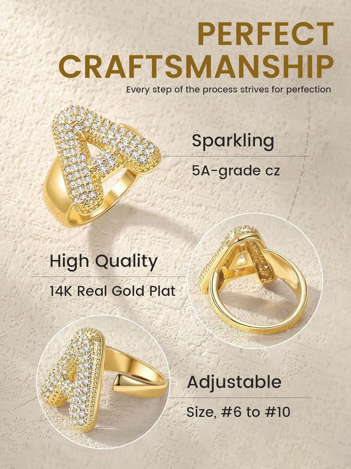 14k Chunky Gold Initial Statement Rings Details: Dimensions, Hypoallergenic, Adjustable size for 6~11