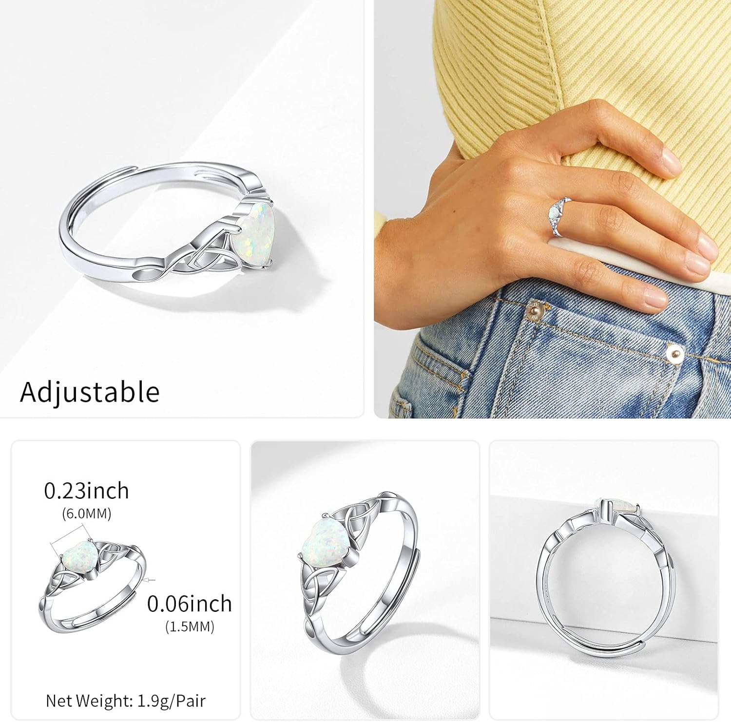 White Opal Celtic Knot Claddagh Heart Shape Birthstone Promise Ring Details: Dimensions, Hypoallergenic, Adjustable size for 6~11