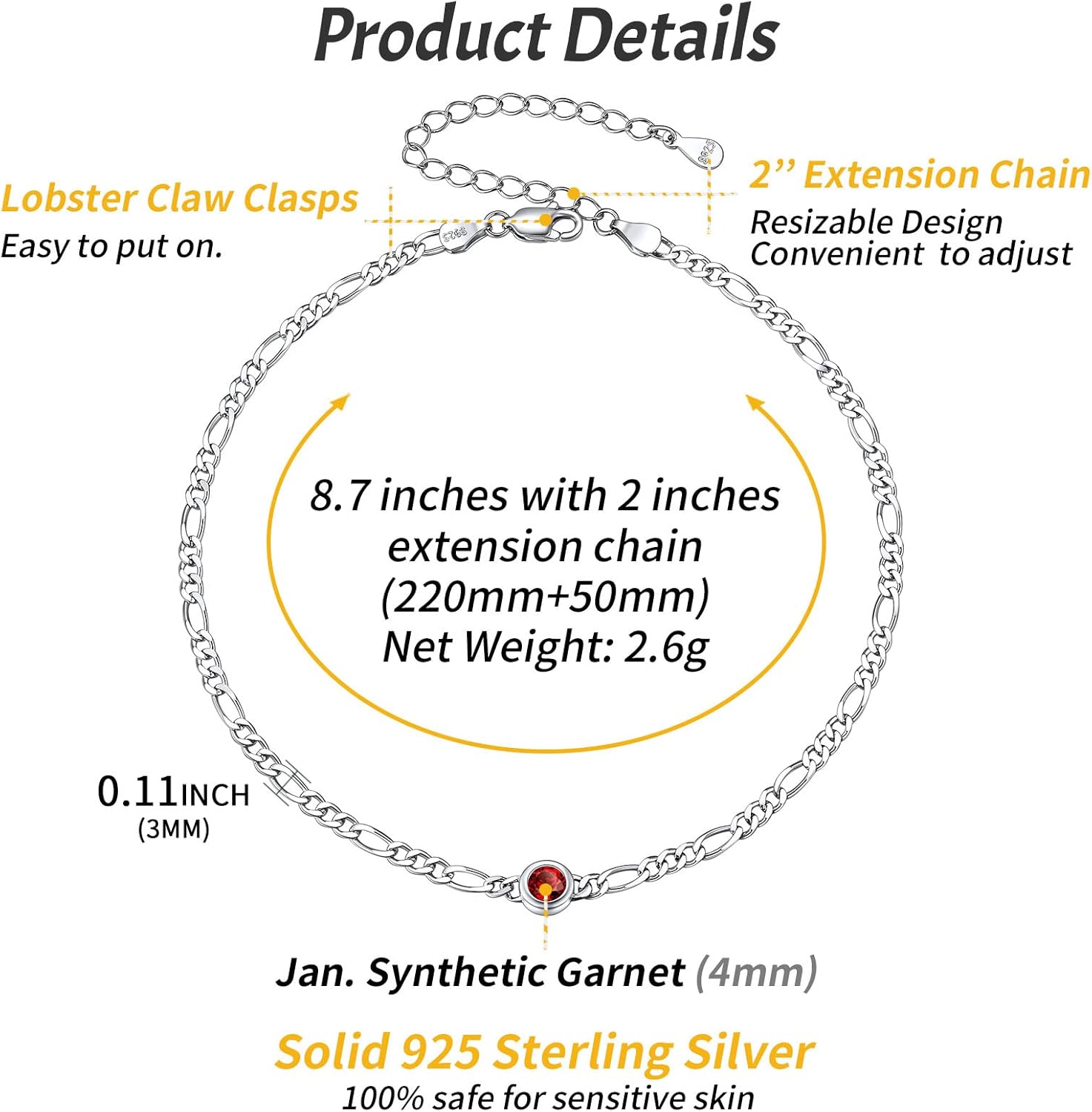 Round Dainty Birthstone Figaro Link Summer Anklets Details: Dimensions, Hypoallergenic, Lobster-Claw-Clasps