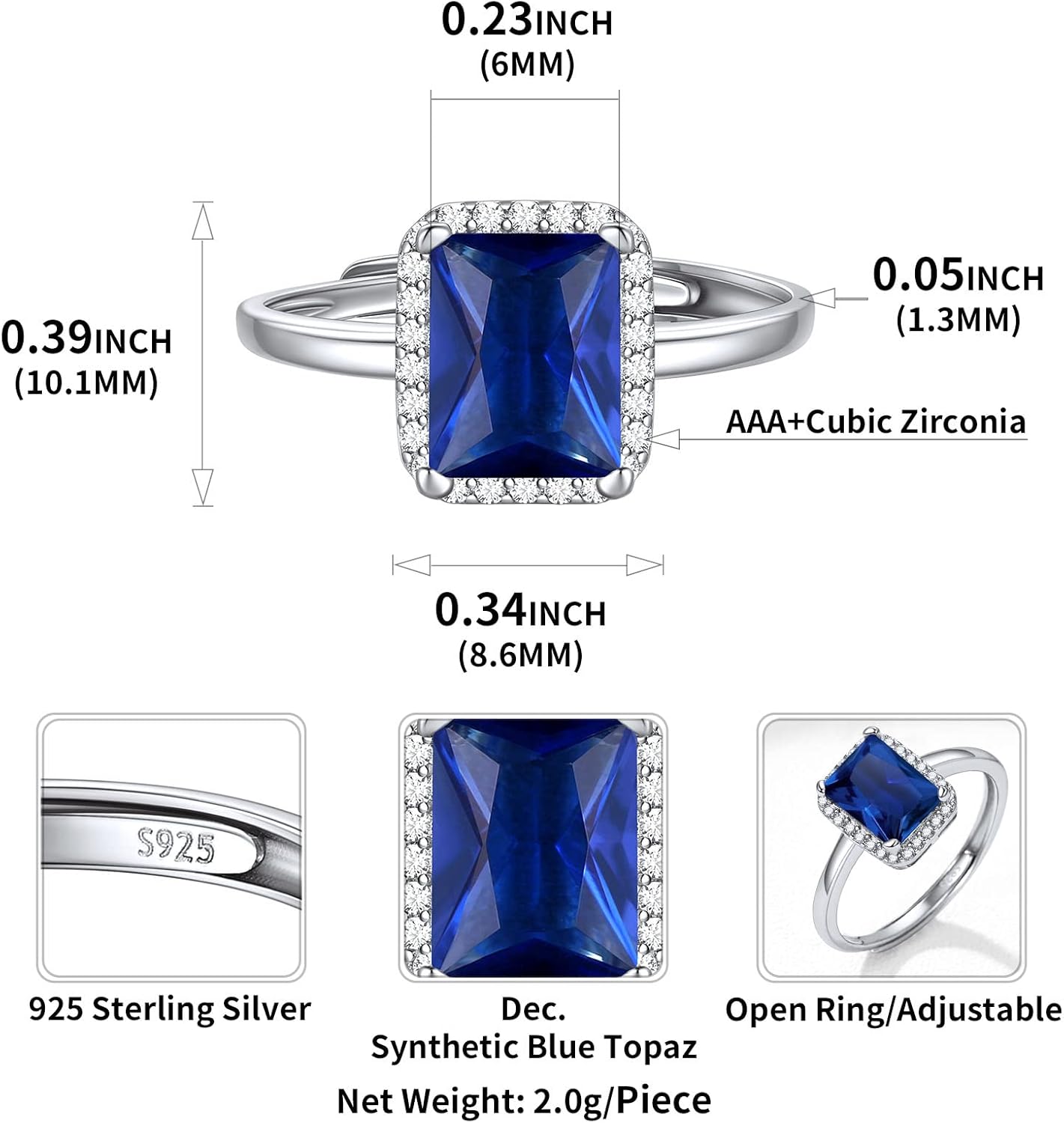 Square Emerald Cut Birthstone Promise Ring Details: Dimensions, Hypoallergenic, Adjustable size for 6~11