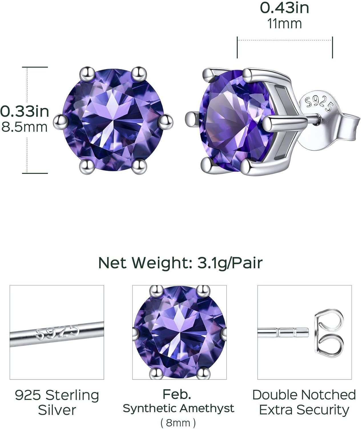 8.5mm Sparkling Round Cut Birthstone Halo Stud Earrings Details: Dimensions, Hypoallergenic, Push Back Finding