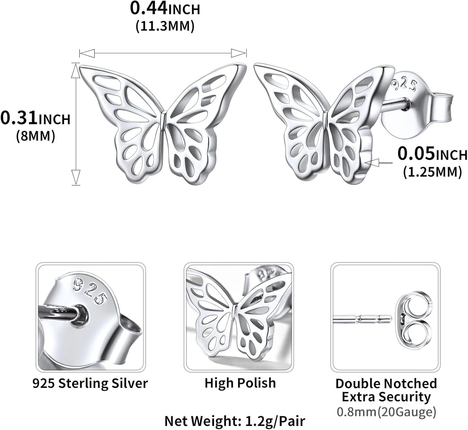 Butterfly Stud Earrings Details: Dimensions, Hypoallergenic, Push Back Finding