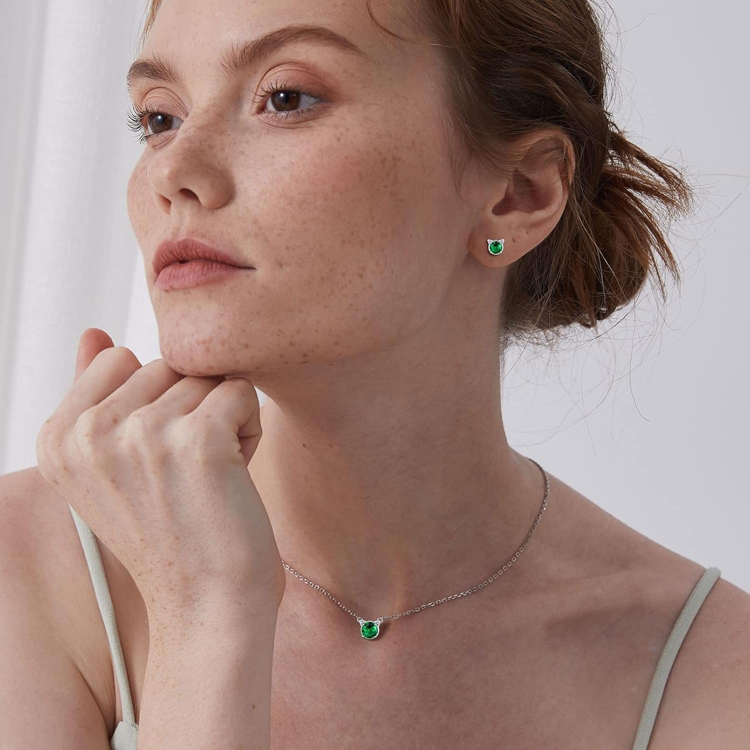 Cute Cat Diamond Birthstone Stud Earrings for women, may birthstone, Emerald Necklace, Taurus Birthstone, Gemini Birthstone, sterling silver earrings, gift idea