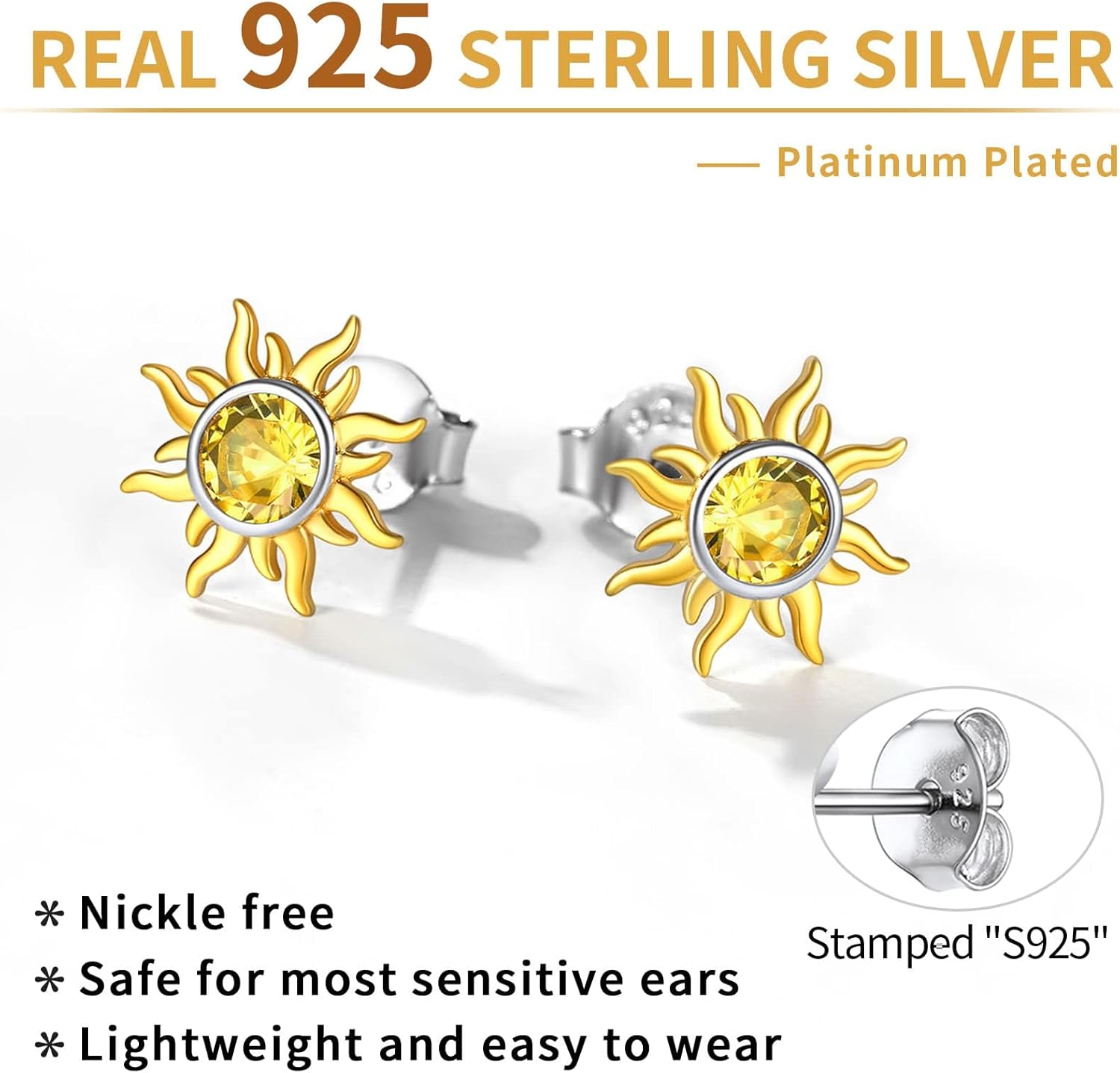 Hypoallergenic Sun Birthstone Earrings for Women, November birthstone, Citrine Jewelry, Scorpio Birthstone, Sagittarius Birthstone, sterling silver jewelry, memorial gift, gift idea