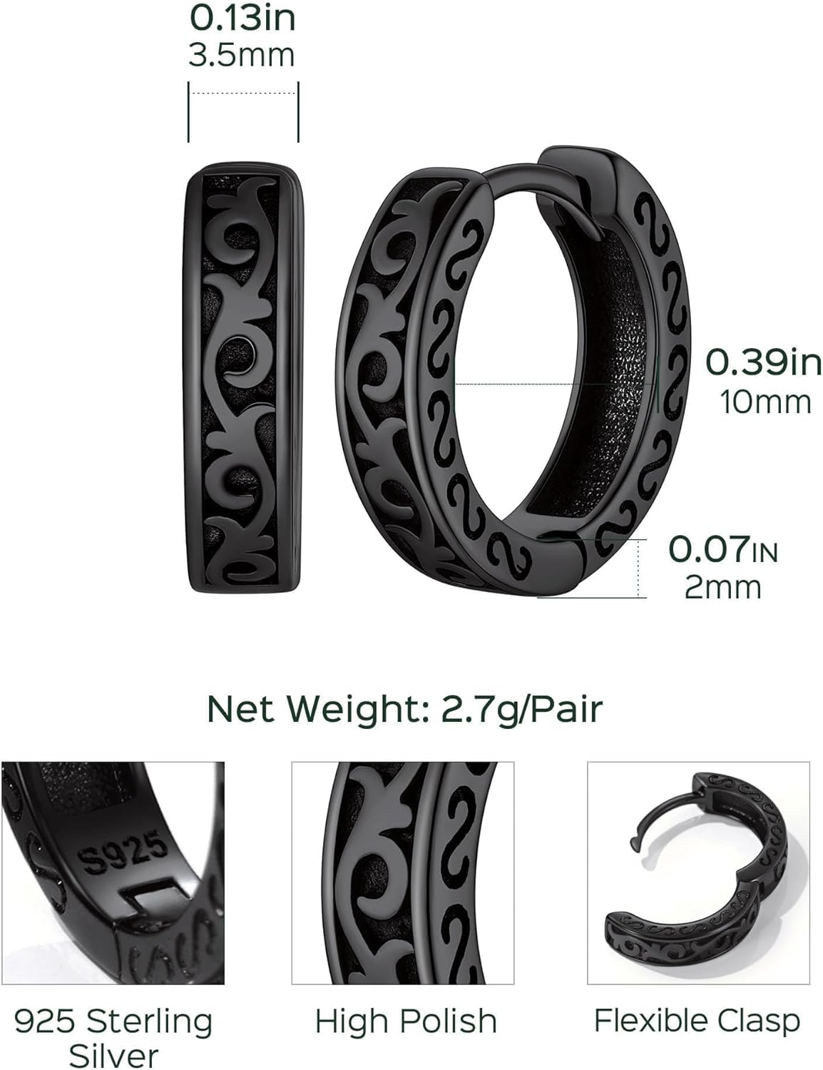 Celtic Knot Vine Huggie Hoops Earrings Details: Dimensions, Hypoallergenic, Push Back Finding/Lever Back.