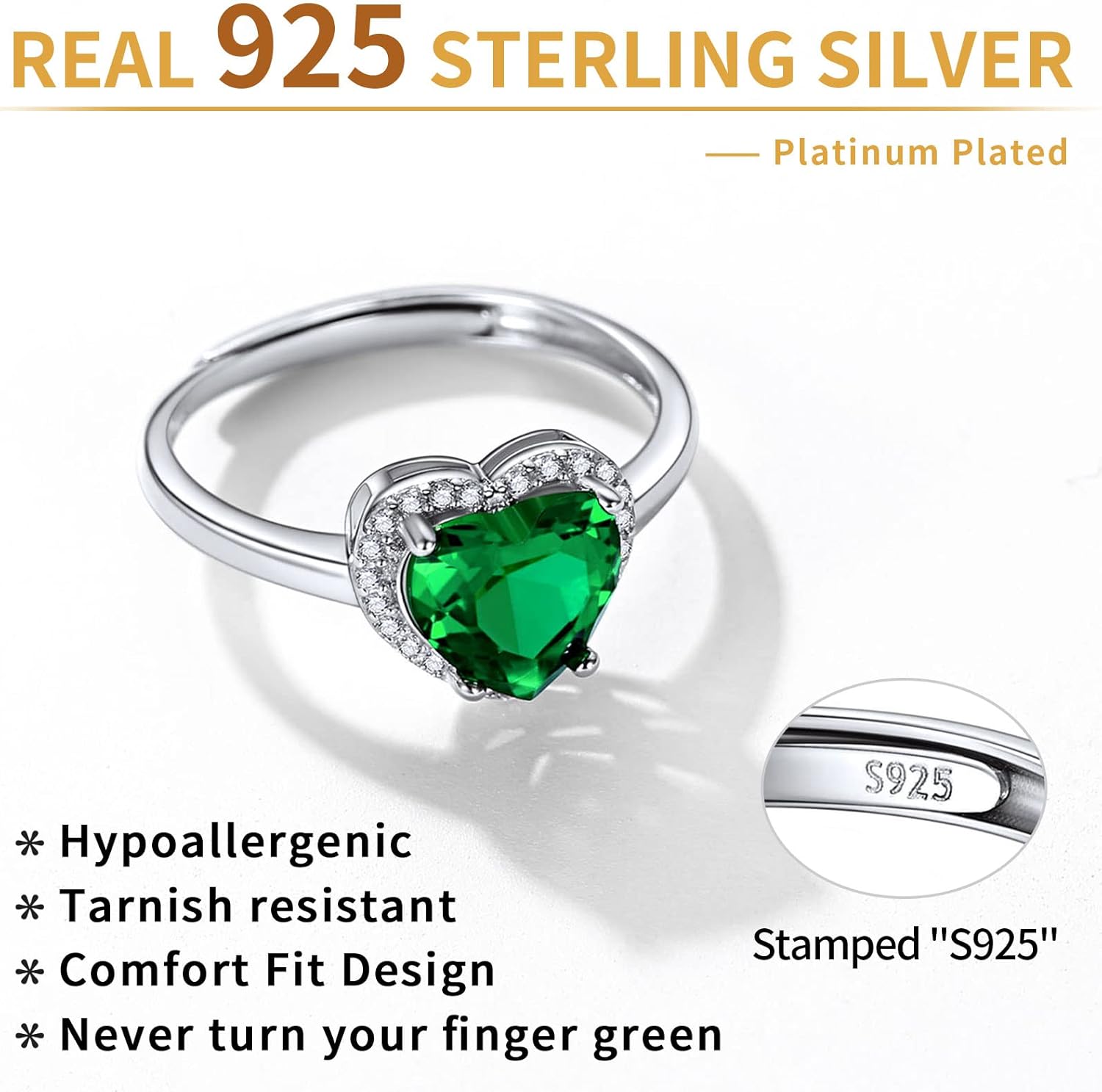 Sterling Silver Heart Emerald Cut Birthstone Promise Ring