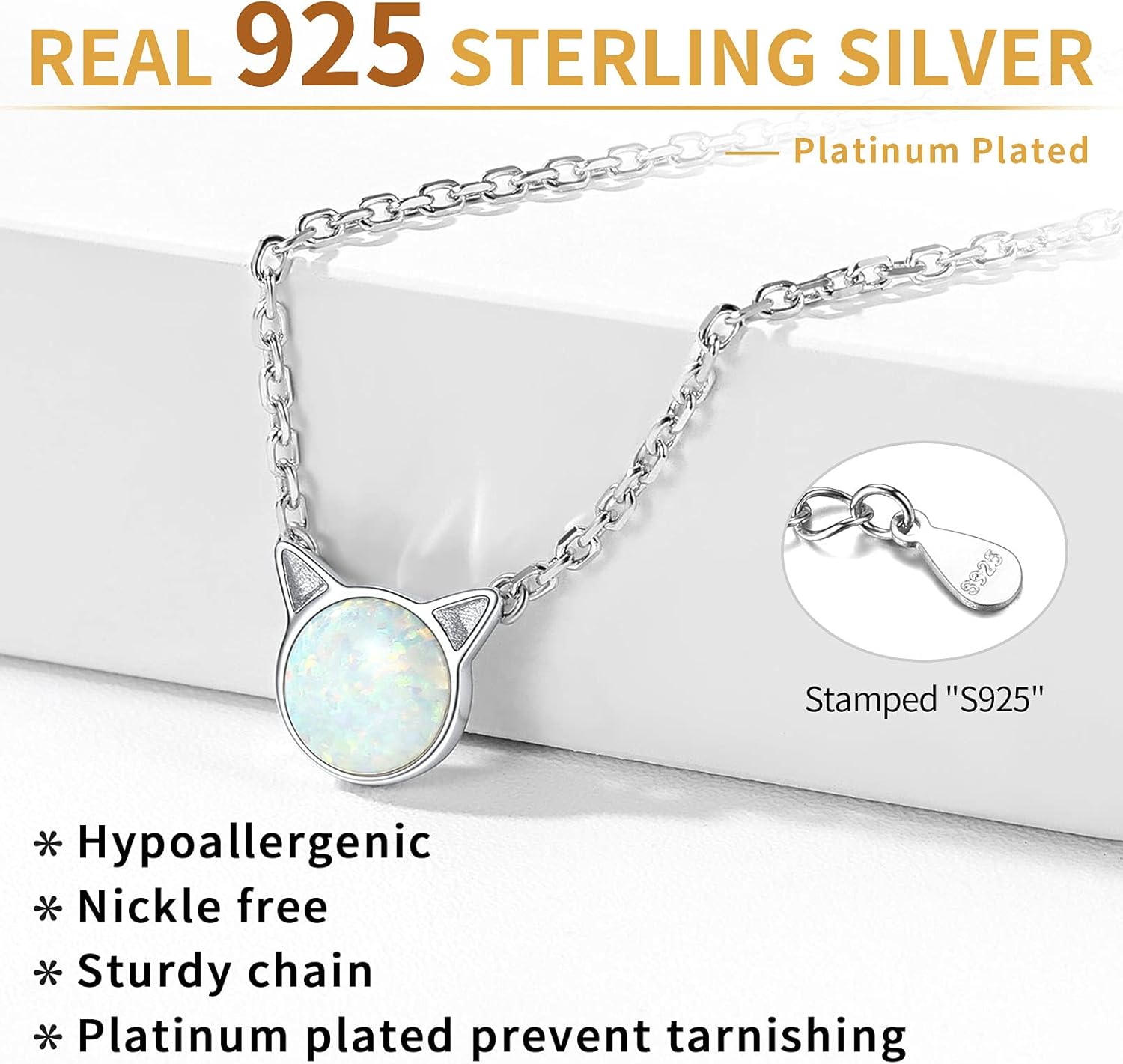 Sterling Silver Cute Cat Round Opal Pendant Necklace