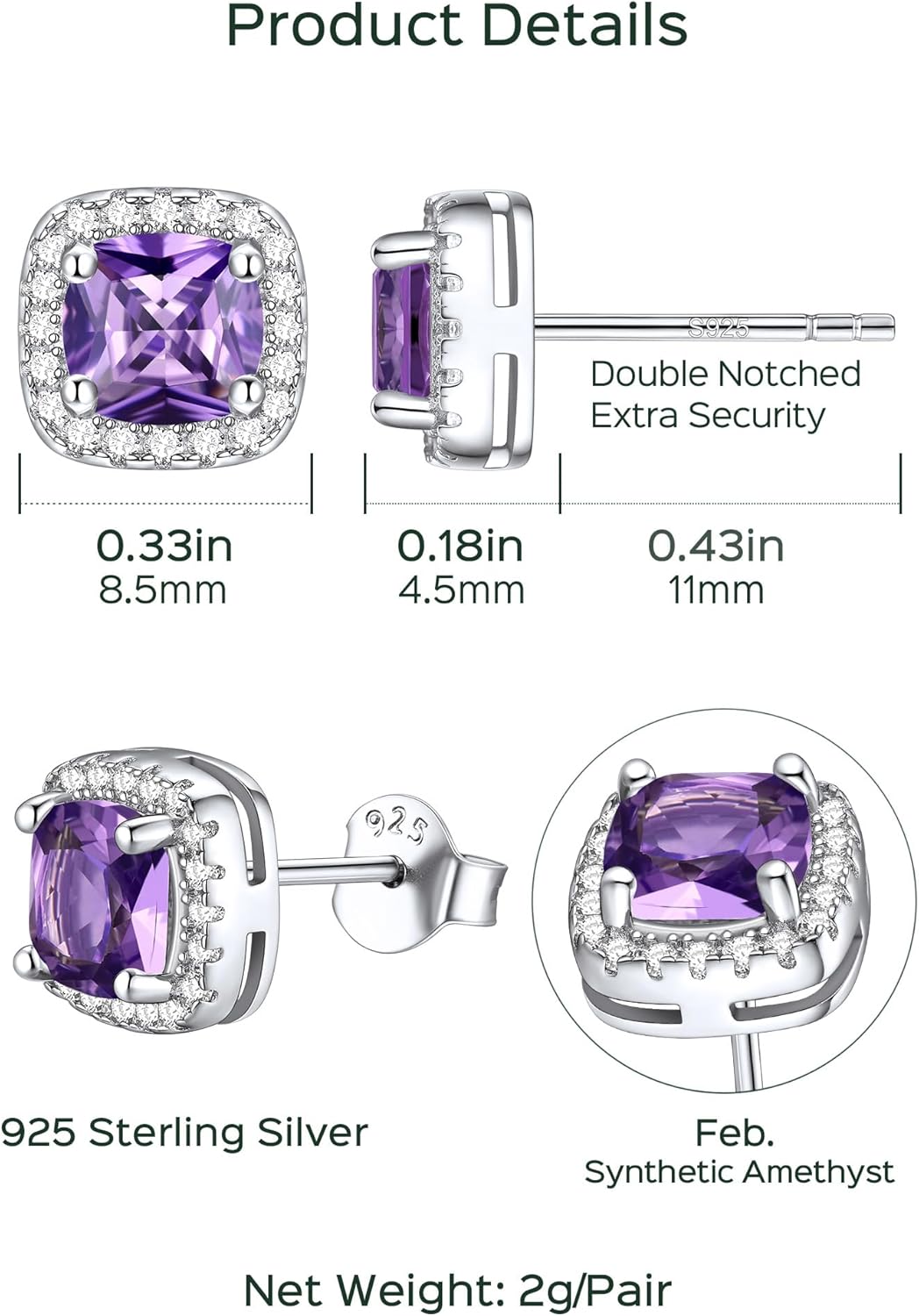 Square Sparkle Halo Birthstone Gemstone & Cubic Zirconia Stud Earrings Details: Dimensions, Hypoallergenic, Push Back Finding