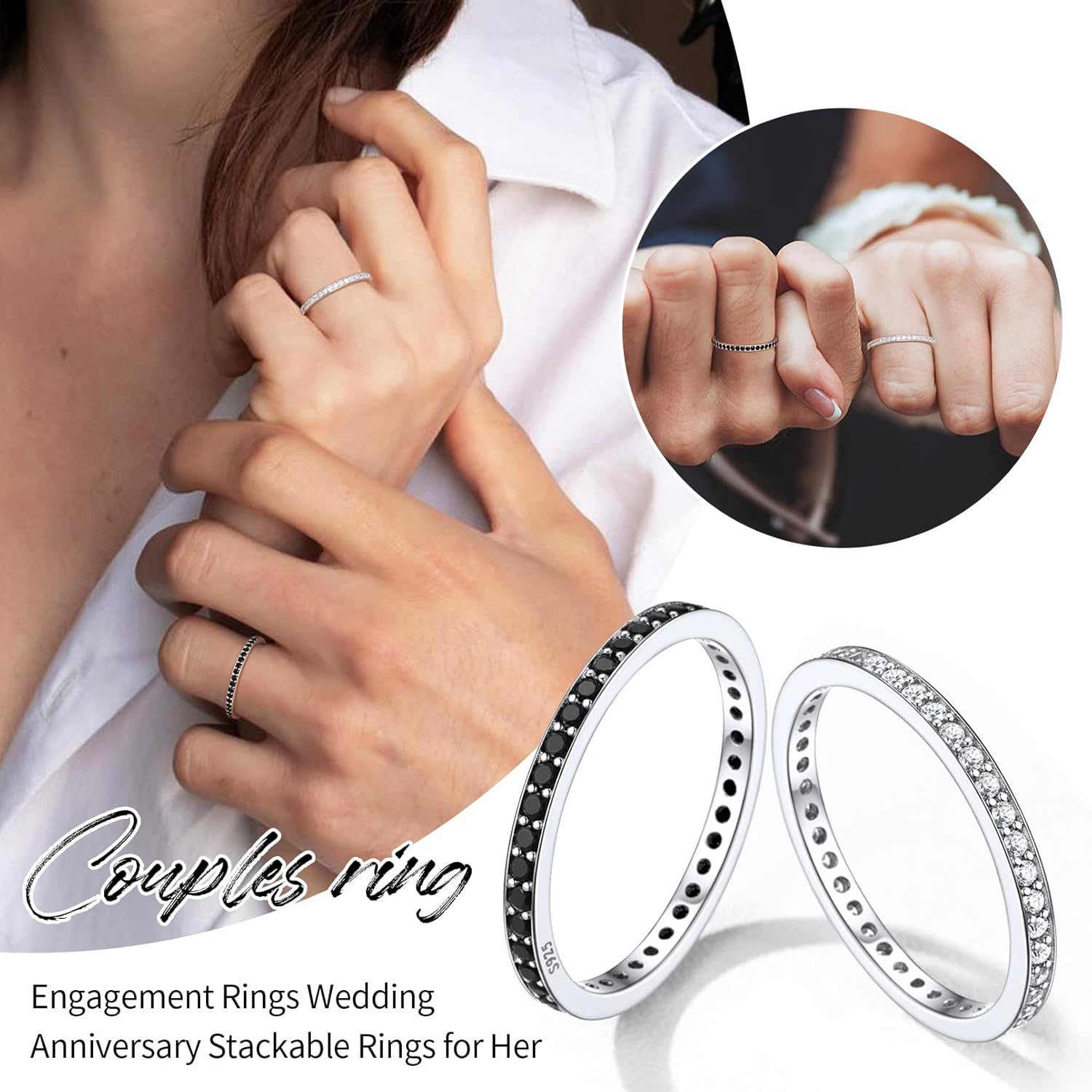 Black Cubic Zirconia Stackable Engagement Band Ring for Women & Men