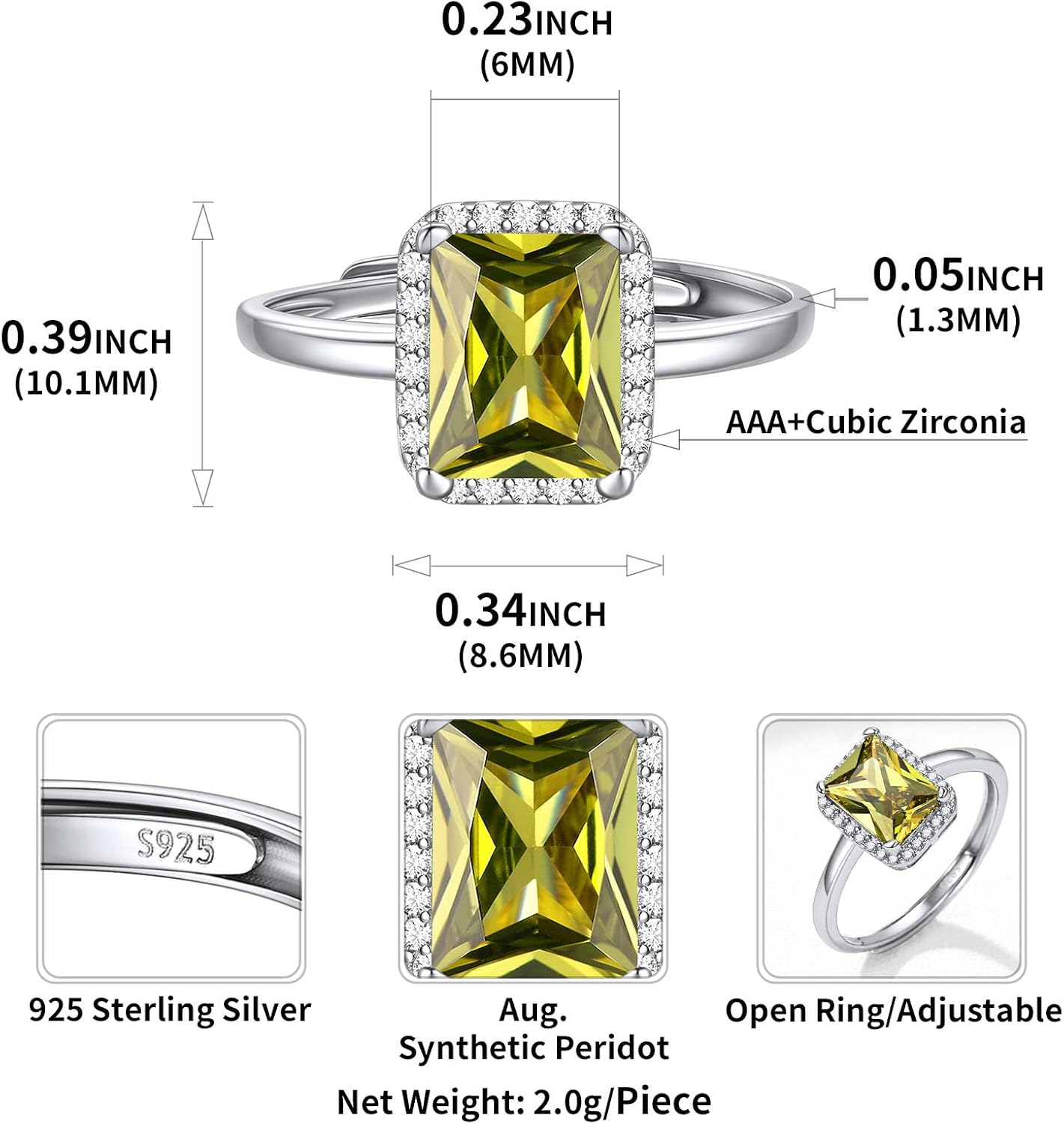 Square Emerald Cut Birthstone Promise Ring Details: Dimensions, Hypoallergenic, Adjustable size for 6~11