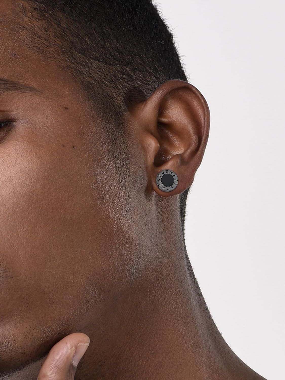 Viking Front Rune Outer Ring Black Onyx Stud Earrings for Men