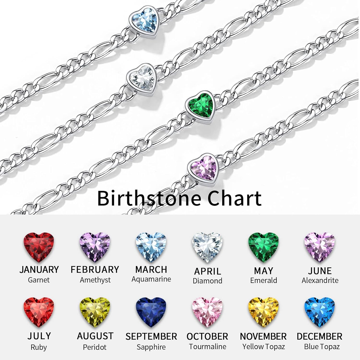 Dainty Heart Birthstone Hypoallergenic Figaro Link Summer Anklets in Different Month Colors