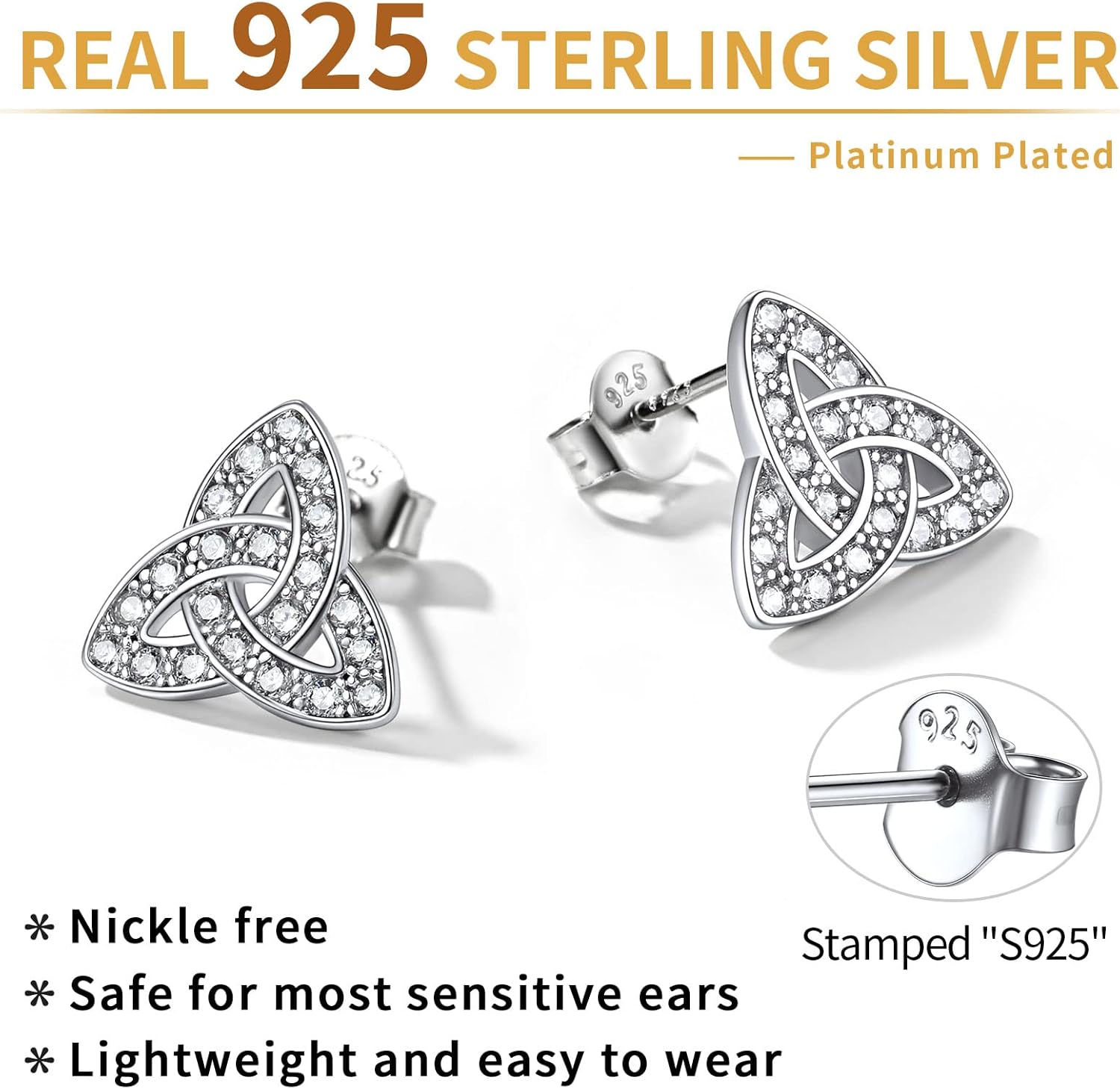 Sterling Silver Dainty Cubic Zirconia Stones Triangle Triquetra Stud Earrings