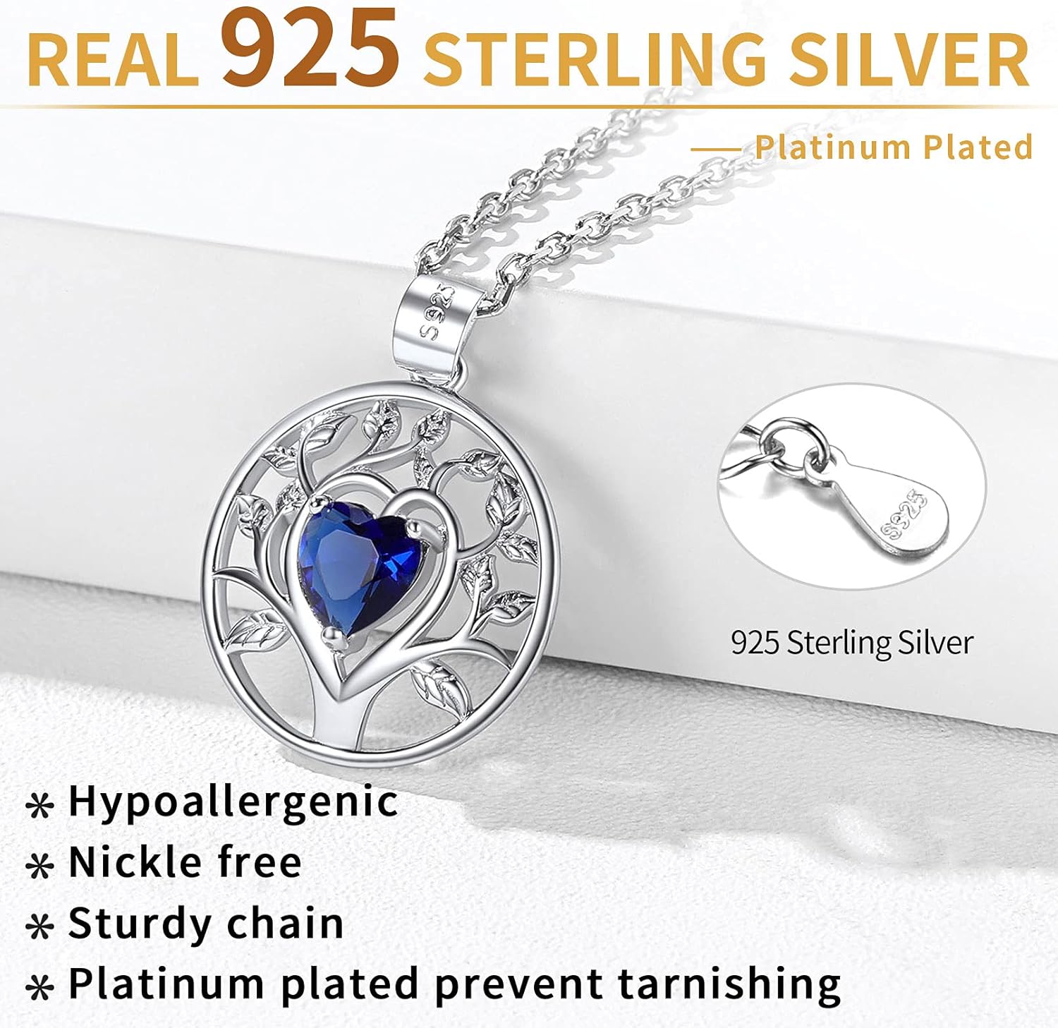 Sterling Silver Tree of Life Pendant Necklace Embellished with Heart Shape Birthstone