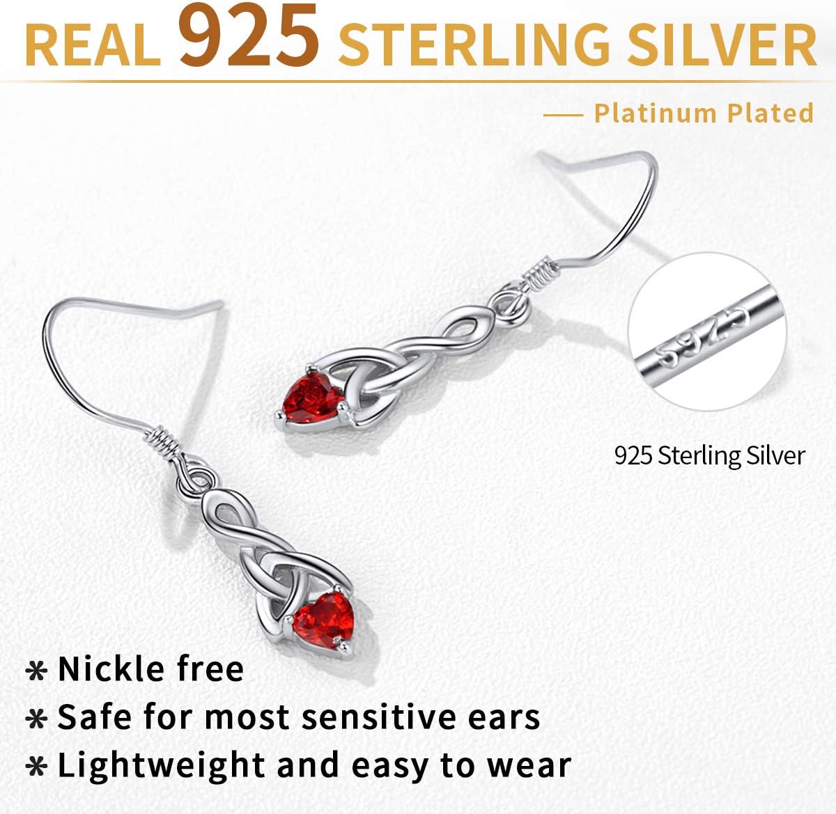 12 Months Sparkling Heart Birthstone & Celtic Knot Drop Dangle Hook Earrings, july birthstone, Ruby Pendant, Cancer Birthstone, Leo Birthstone,  sterling silver jewelry, gift idea