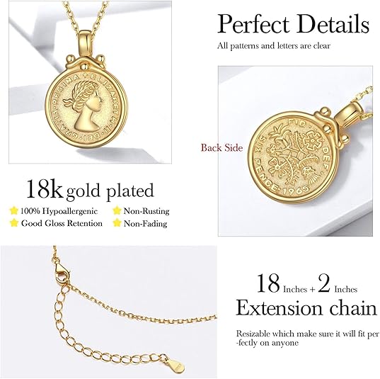 18k gold plated Elizabeth British Lucky Sixpence Coin Vintage Round Medallion Necklace 