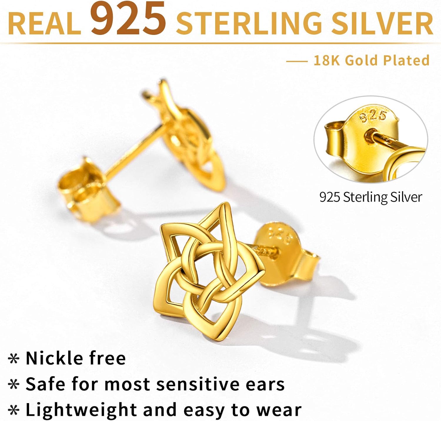 Sterling Silver Irish Celtic Eternity Flower Love Knot Pentagram Stud Earrings