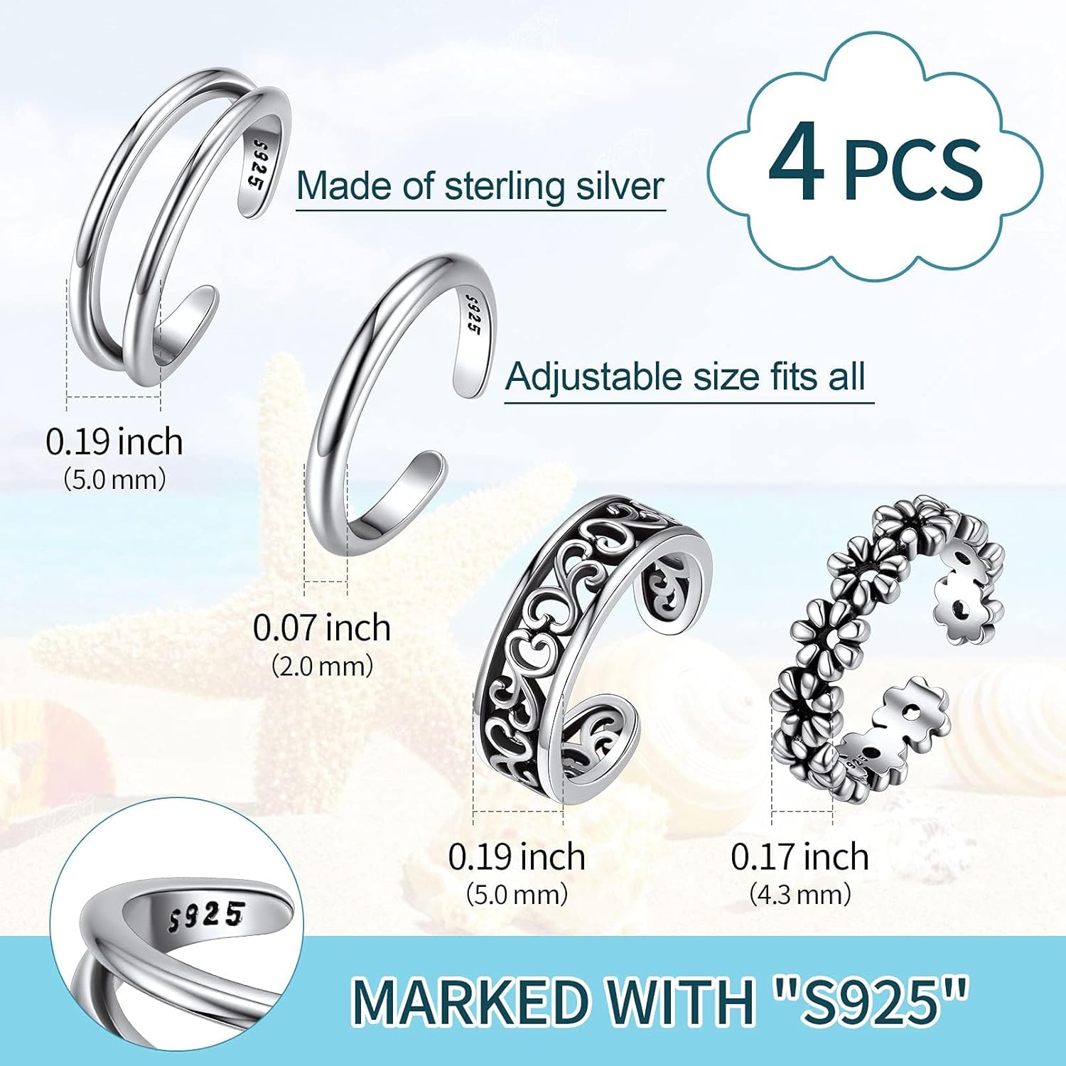4PCS Adjustable Open Tail Band Hawaiian Toe Ring Details: Dimensions, Hypoallergenic, Adjustable size
