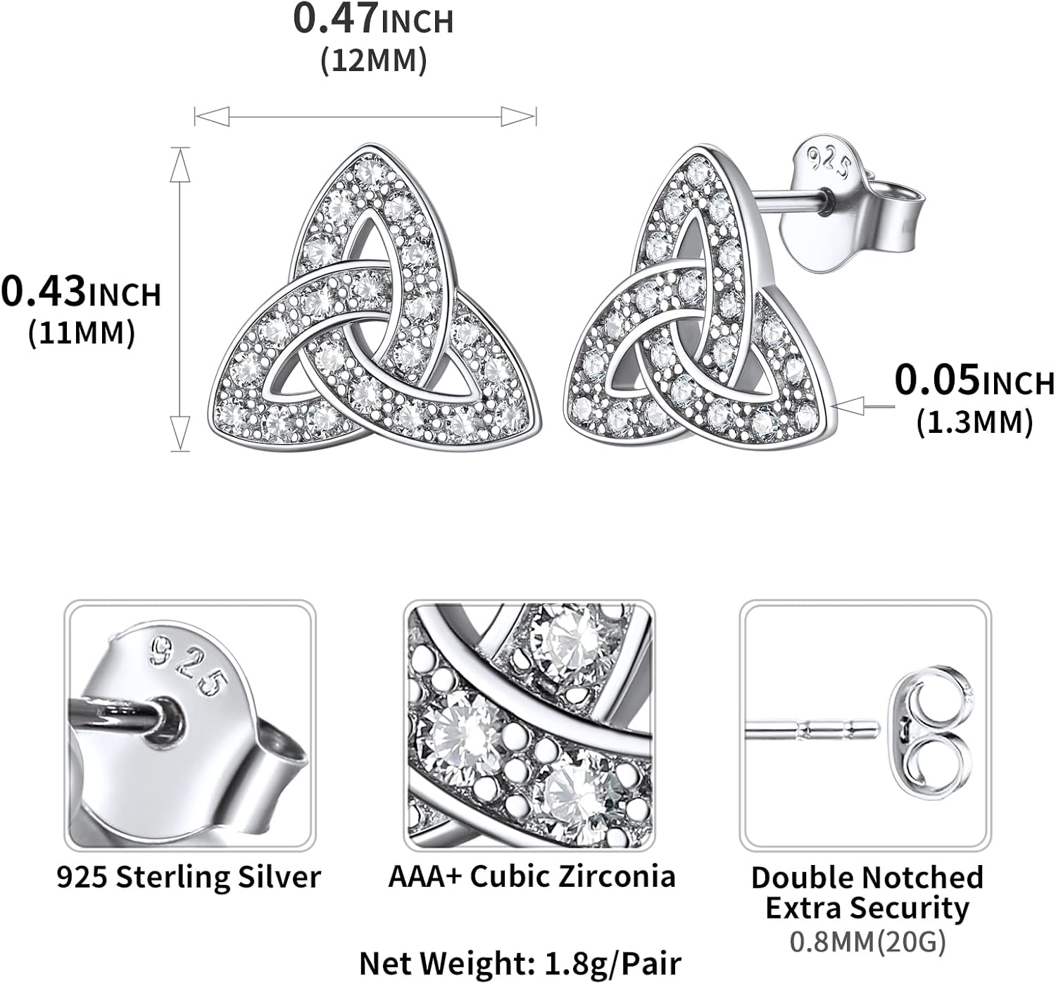 Dainty Cubic Zirconia Stones Triangle Triquetra Stud Earrings Details: Dimensions, Hypoallergenic, Push Back Finding