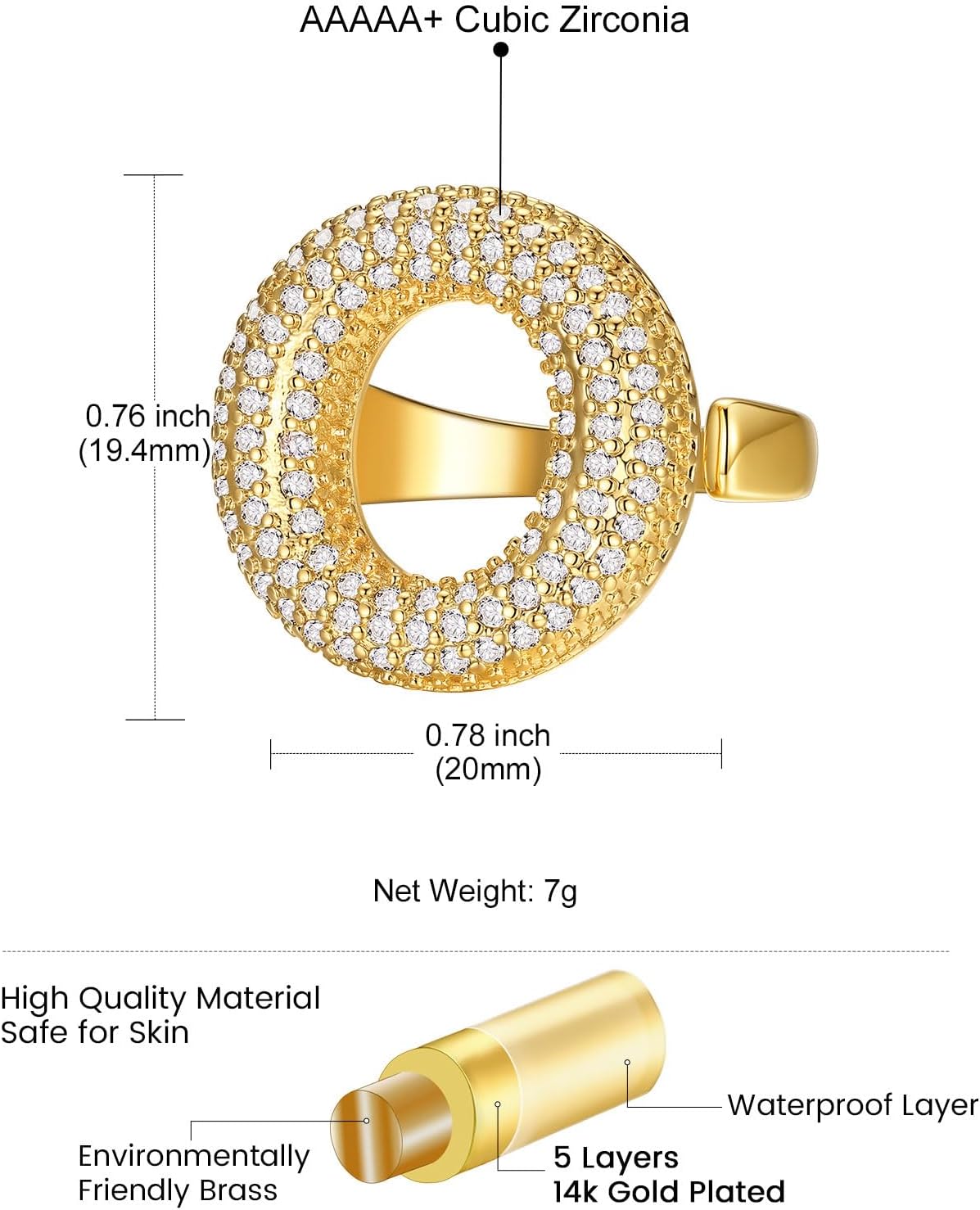 14k Chunky Gold Initial Statement Rings Details: Dimensions, Hypoallergenic, Adjustable size for 6~11