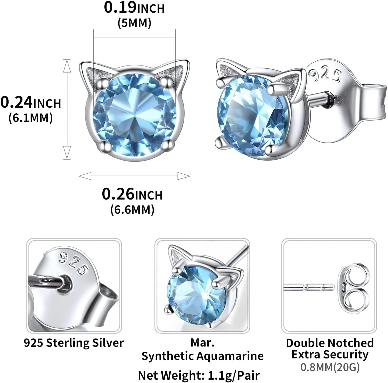 Cute Cat Diamond Birthstone Stud Earrings for women, march birthstone, Aquamarine Pendant, Pisces Birthstone, Aries Birthstone, sterling silver jewelry, gift idea