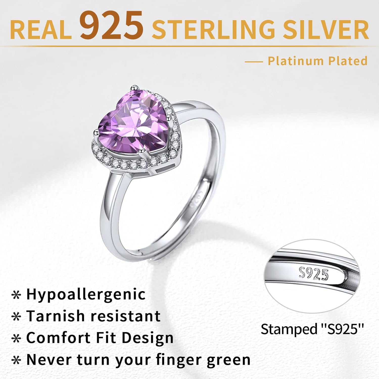 Sterling Silver Heart Emerald Cut Birthstone Promise Ring