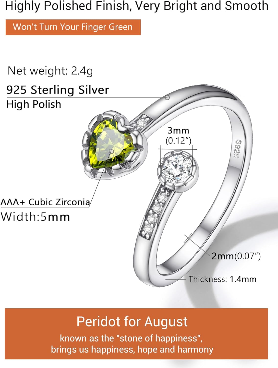 Heart Birthstone and White Cubic Zirconia Adjustable Ring Details: Dimensions, Hypoallergenic, Adjustable size for 6~11