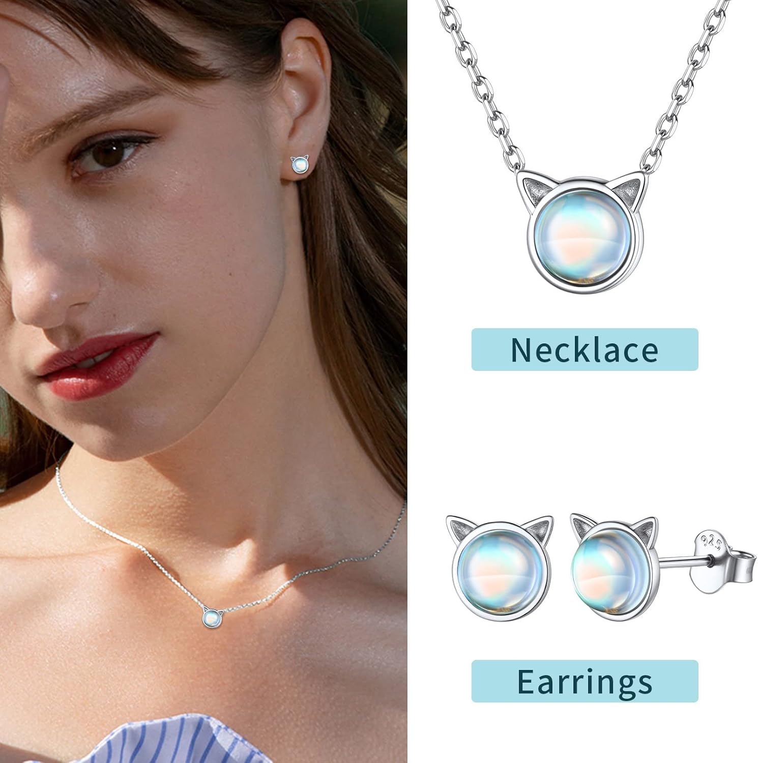 Cat Moonstone Birthstone Necklace and Earrings for ladies