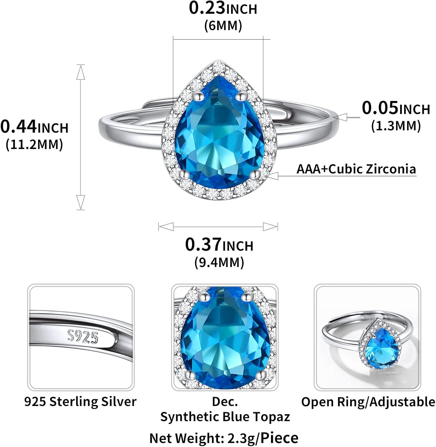 Pear Cut Teardrop Birthstone Promise Ring Details: Dimensions, Hypoallergenic, Adjustable size for 6~11