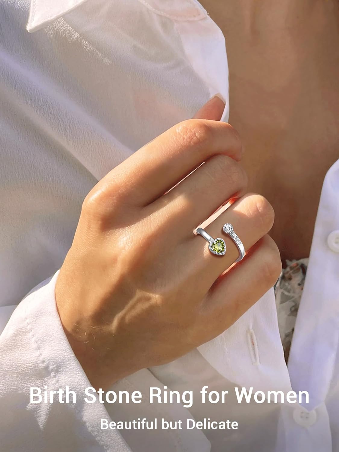 Heart Birthstone and White Cubic Zirconia Adjustable Ring for Women