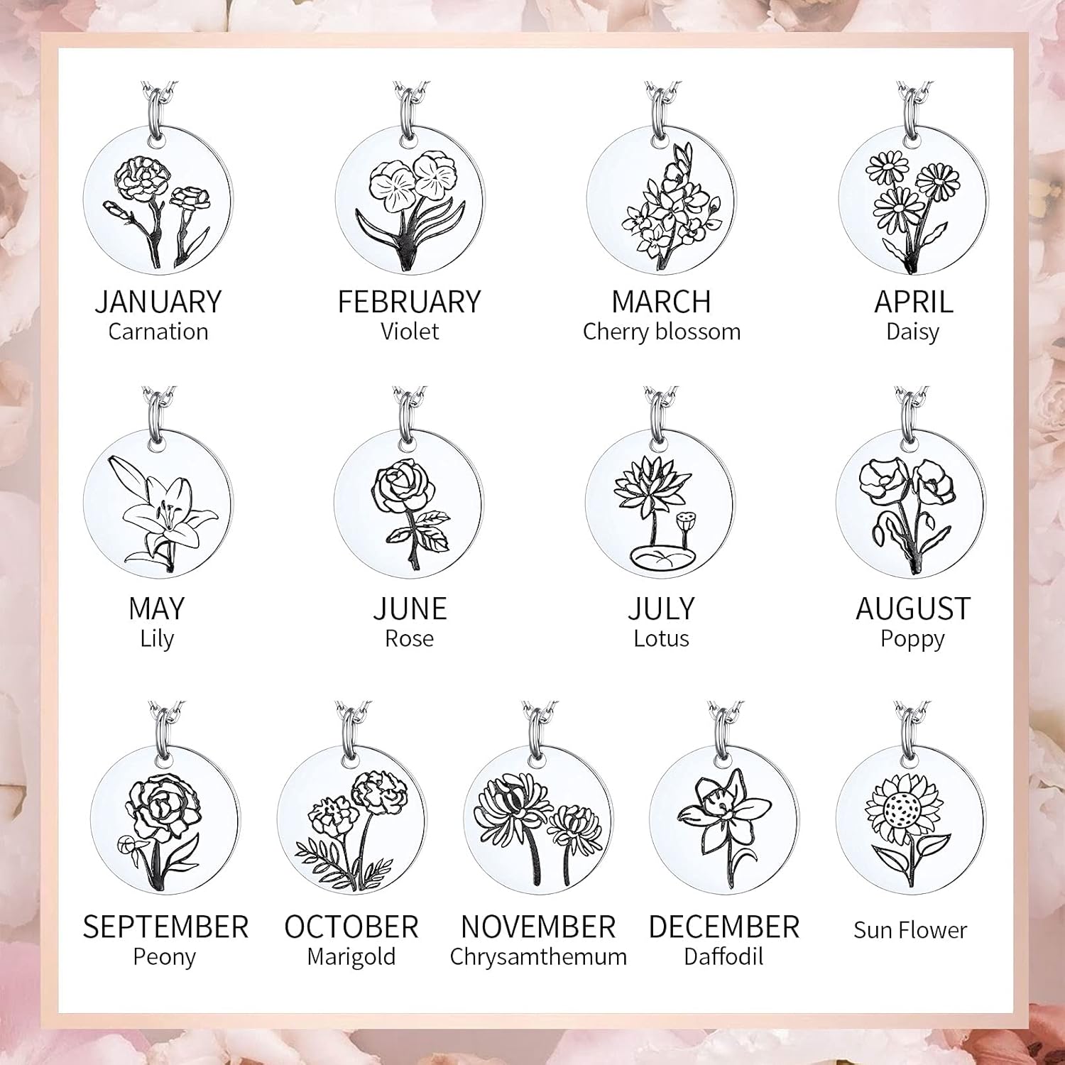 Birth Month Flower Engraved Floral Disc Dainty Necklace