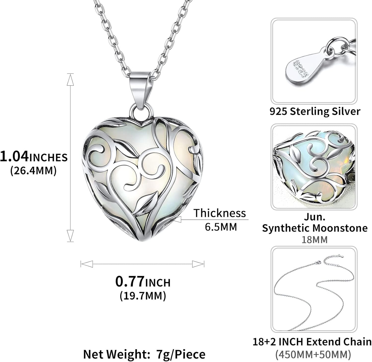 Celtic Knot Heart Birthstones Necklace Details: Dimensions, Hypoallergenic, Lobster-Claw-Clasps