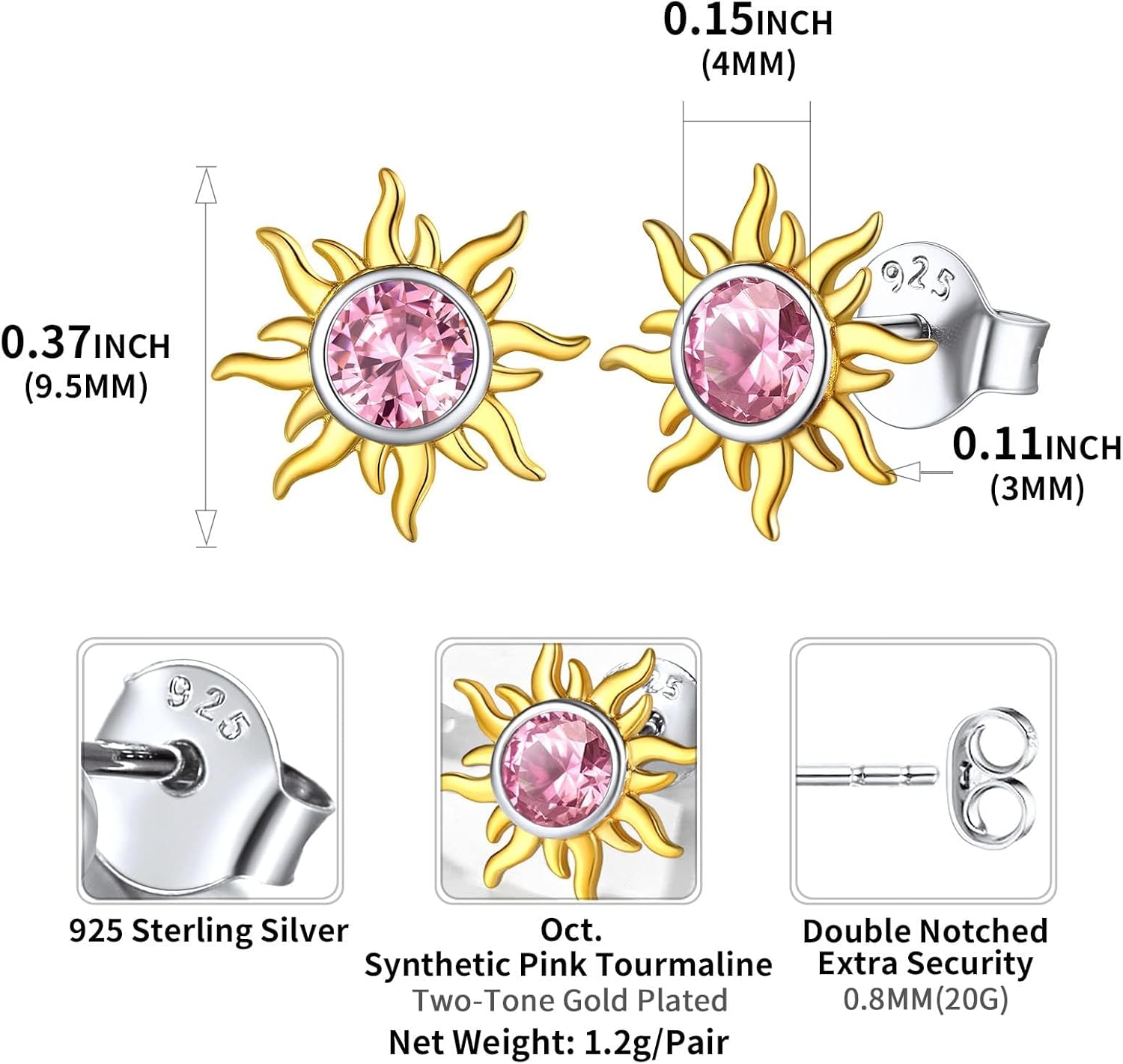 Hypoallergenic Sun Birthstone Earrings for Women, october birthstone, Pink Tourmaline Jewelry, Libra Birthstone, Scorpio Birthstone, sterling silver Jewelry, gift idea