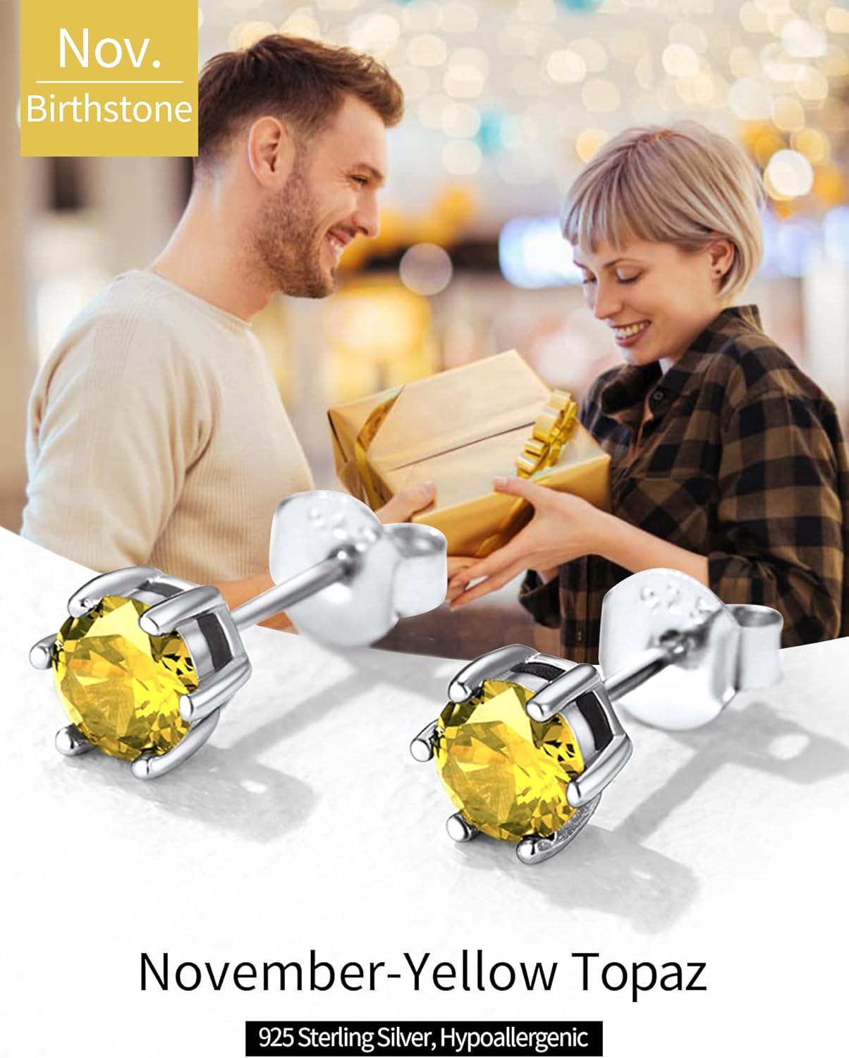 12 Months Sparkling Round Birthstone Halo Stud Earrings for women, november birthstone, Citrine Jewelry, Scorpio Birthstone, Sagittarius Birthstone, sterling silver jewlery, memorial gift, gift idea