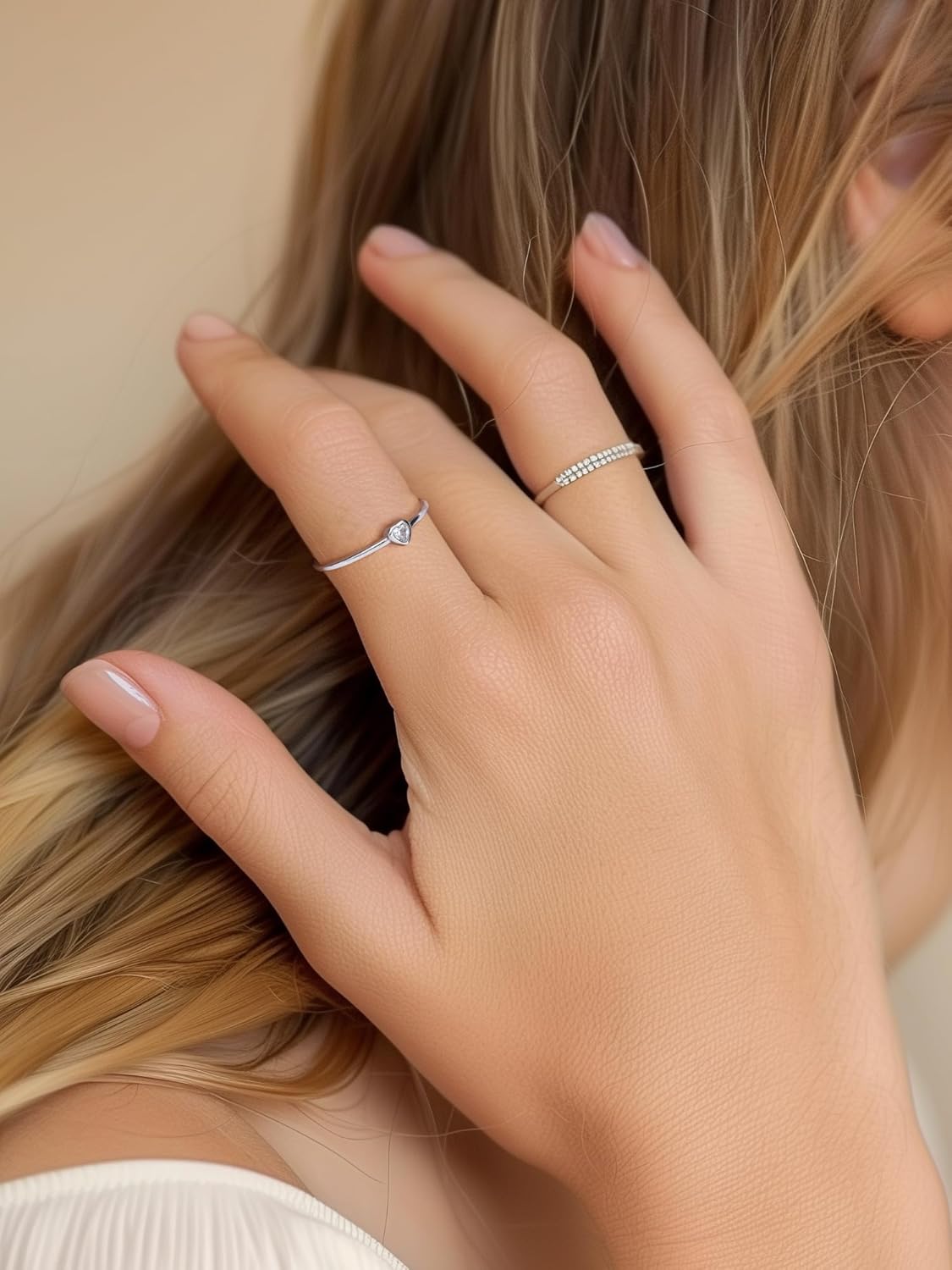 Dainty Cubic Zirconia Heart Promise Stacked Band Rings for Women