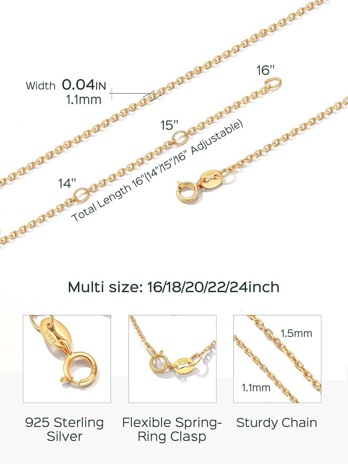 Adjustable Thin Chain Necklace Details: Dimensions, Hypoallergenic, Lobster-Claw-Clasps