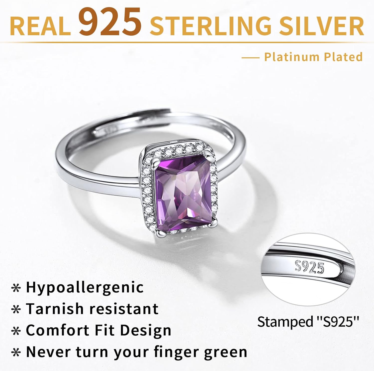 Sterling Silver Square Emerald Cut Birthstone Promise Ring