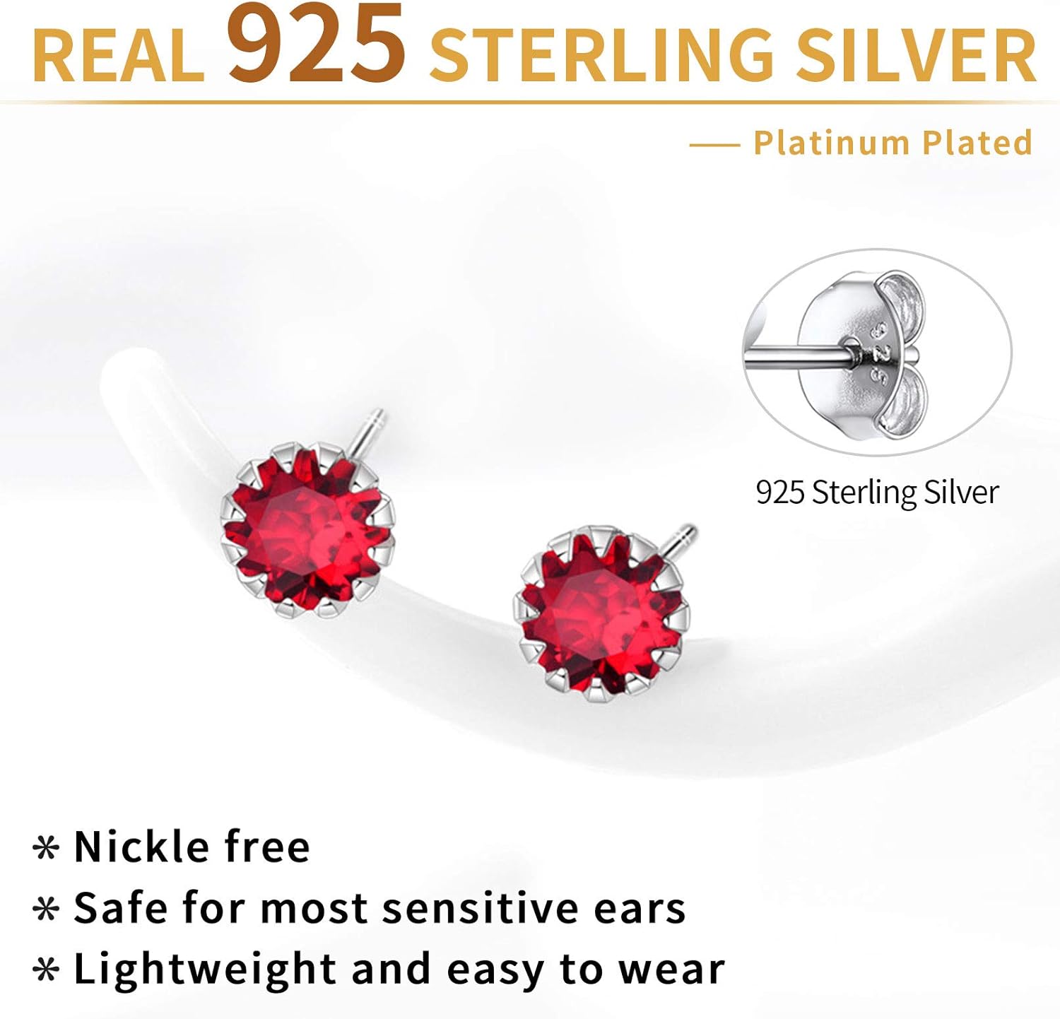 Round Cut Birthstone Stud Earrings for Ladies,  jan birthstone, Garnet birthstone, Capricorn Birthstone, Aquarius Birthstone, sterling silver jewelry, gift idea