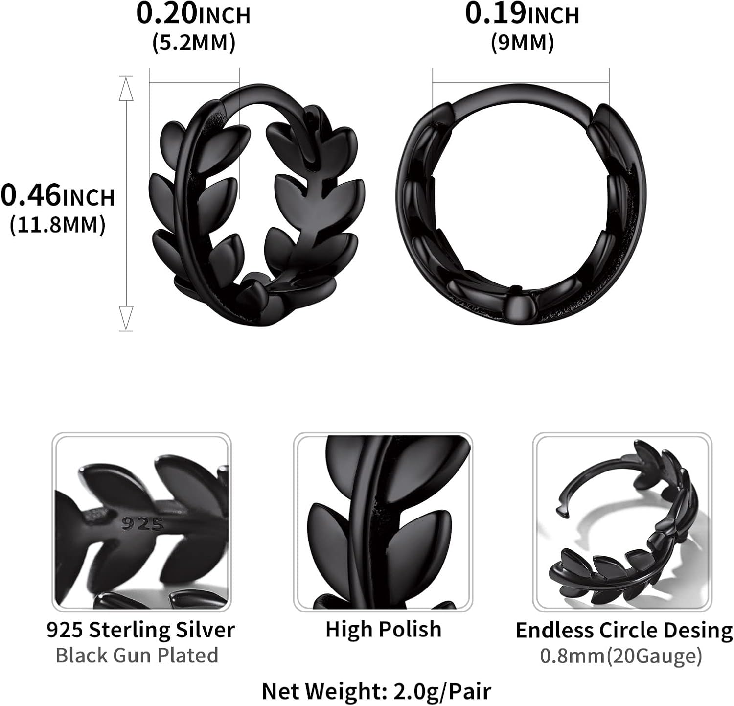 Hypoallergenic Leaf Lightweight Chunky Thick Huggie Hoop Earrings Details: Dimensions, Hypoallergenic, Hinged Hoop.