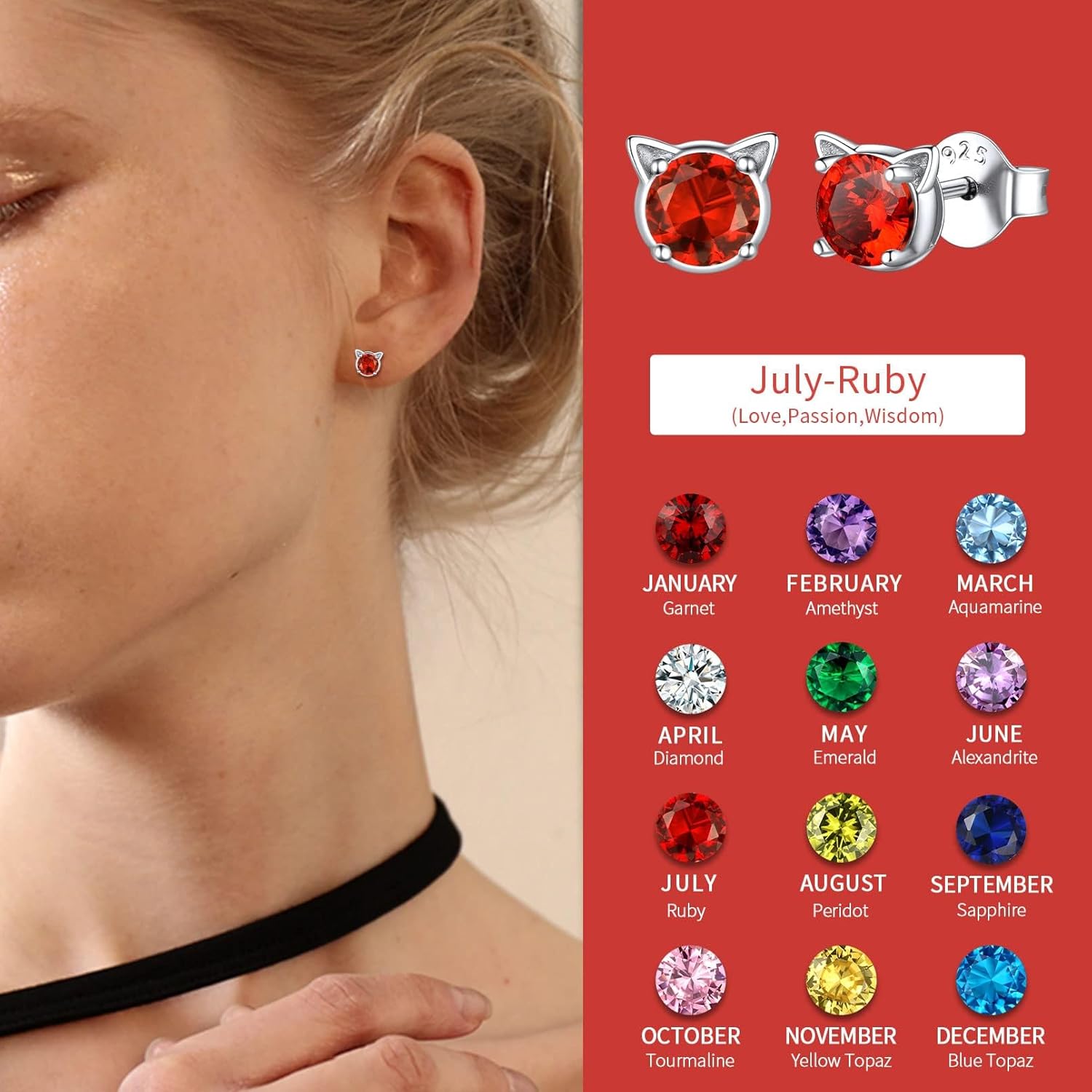 Cute Cat Diamond Birthstone Stud Earrings for women, july birthstone, Ruby birthstone, Cancer Birthstone, Leo Birthstone, sterling silver jewelry, gift idea
